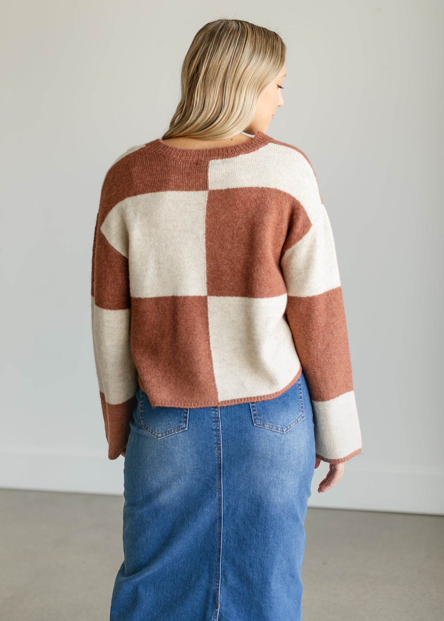 Rosi Checkered Bell Sleeve Sweater FF Tops