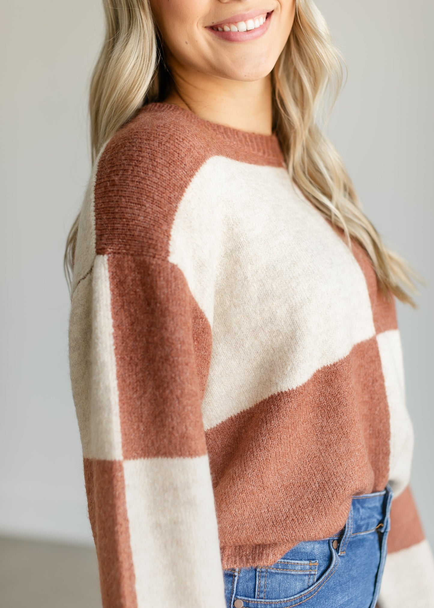 Rosi Checkered Bell Sleeve Sweater FF Tops