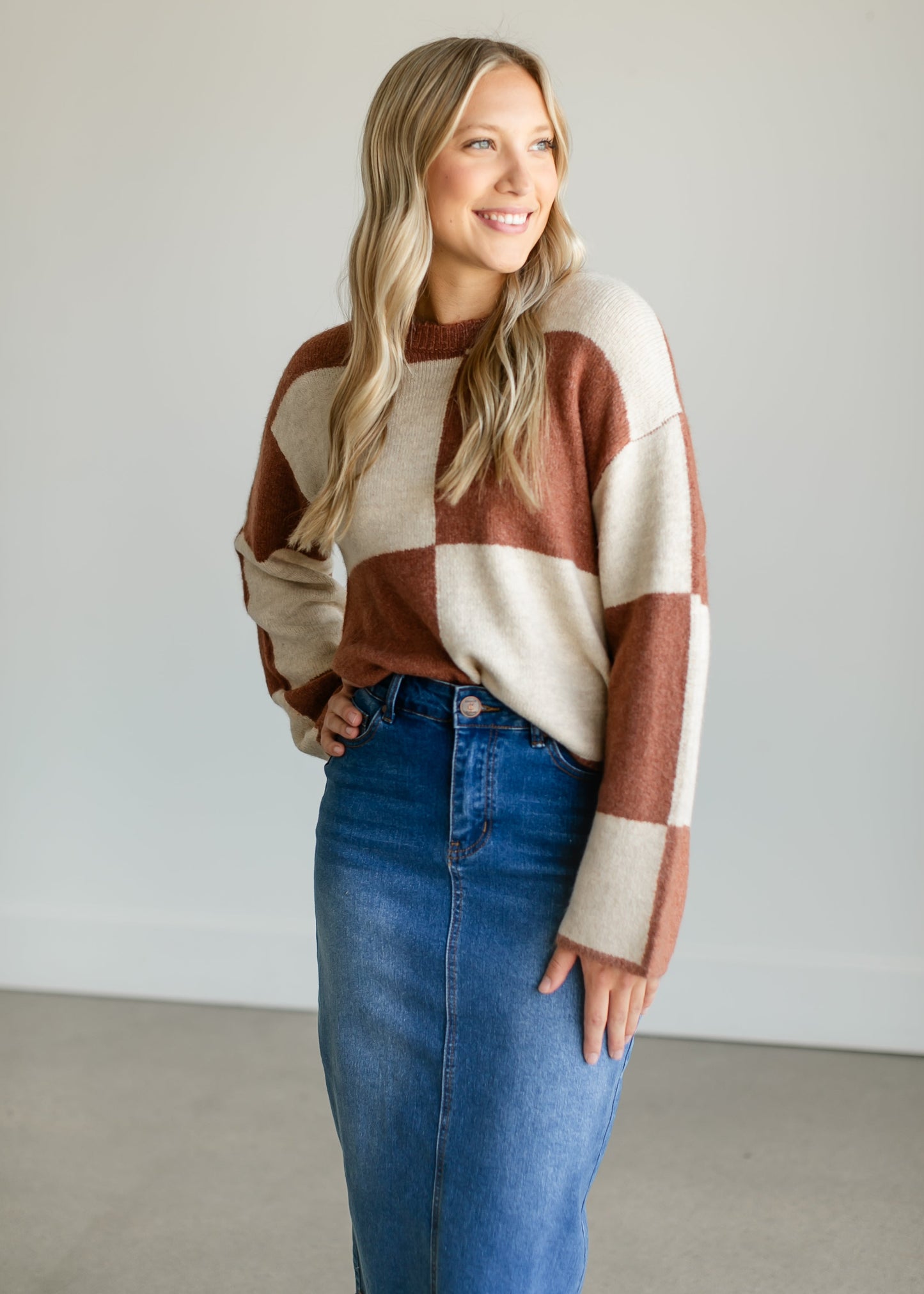 Rosi Checkered Bell Sleeve Sweater FF Tops