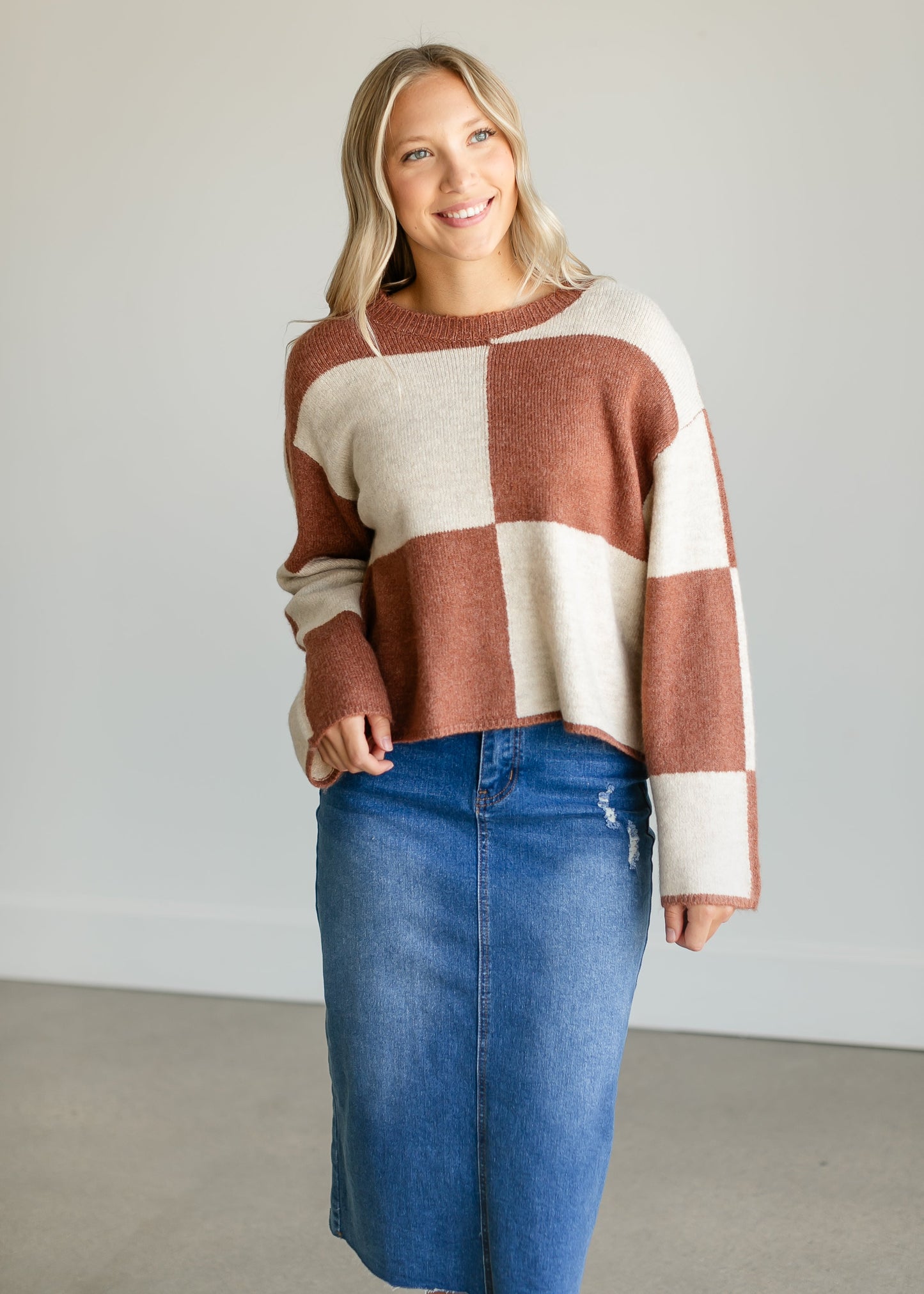 Rosi Checkered Bell Sleeve Sweater FF Tops