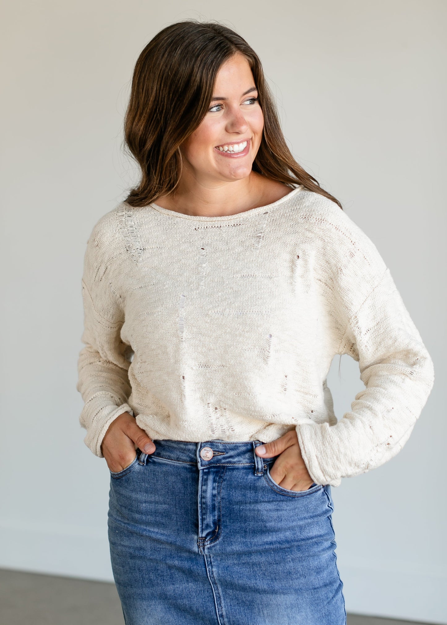 Rowe Boatneck Distressed Sweater FF Tops