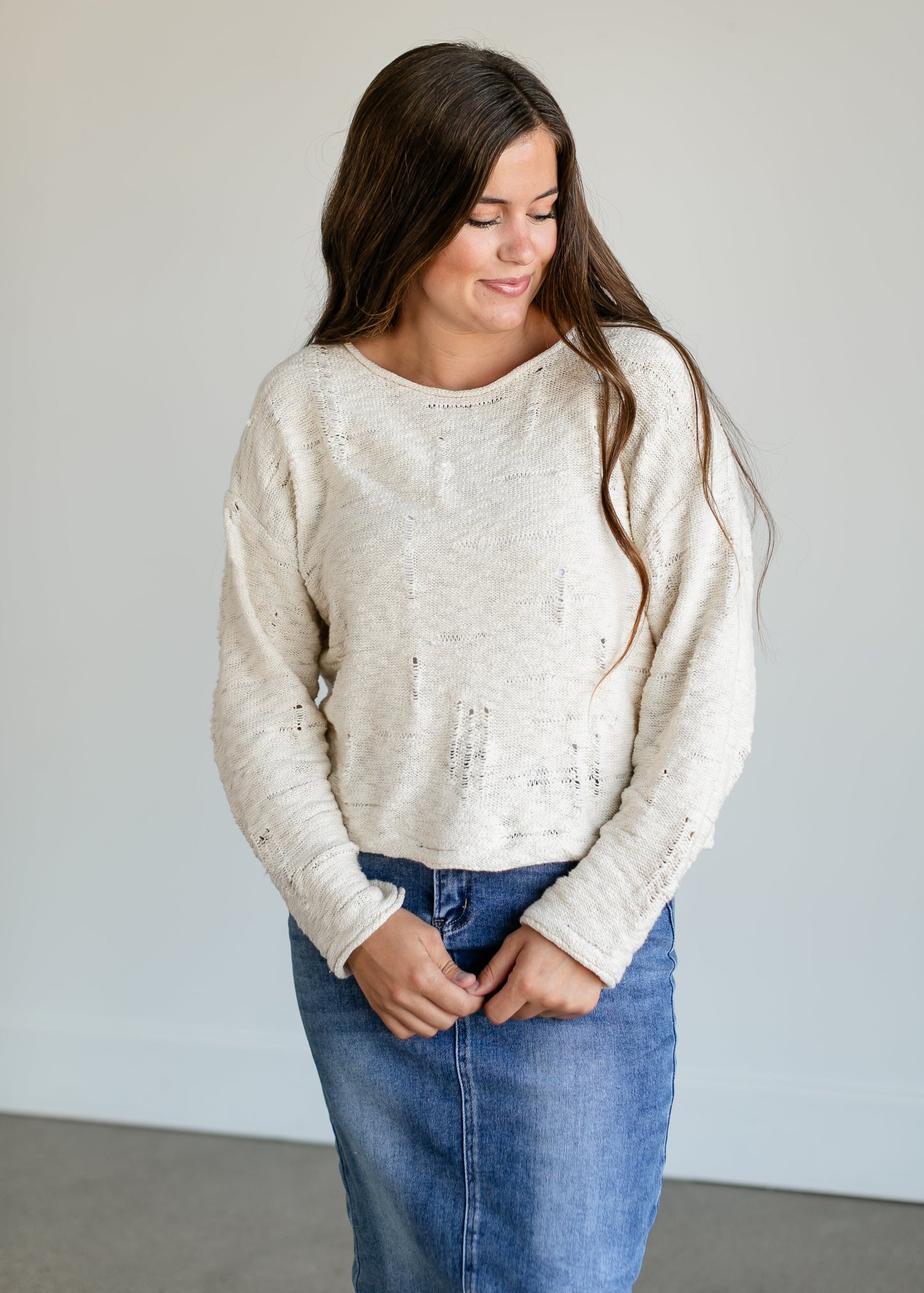Rowe Boatneck Distressed Sweater FF Tops