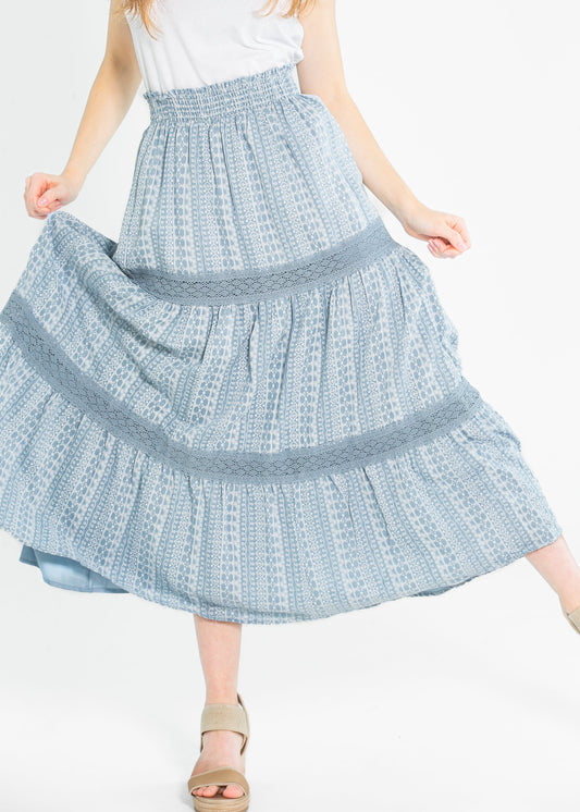 Ruched Waist Lace Trim Tiered Maxi Skirt FF Skirts