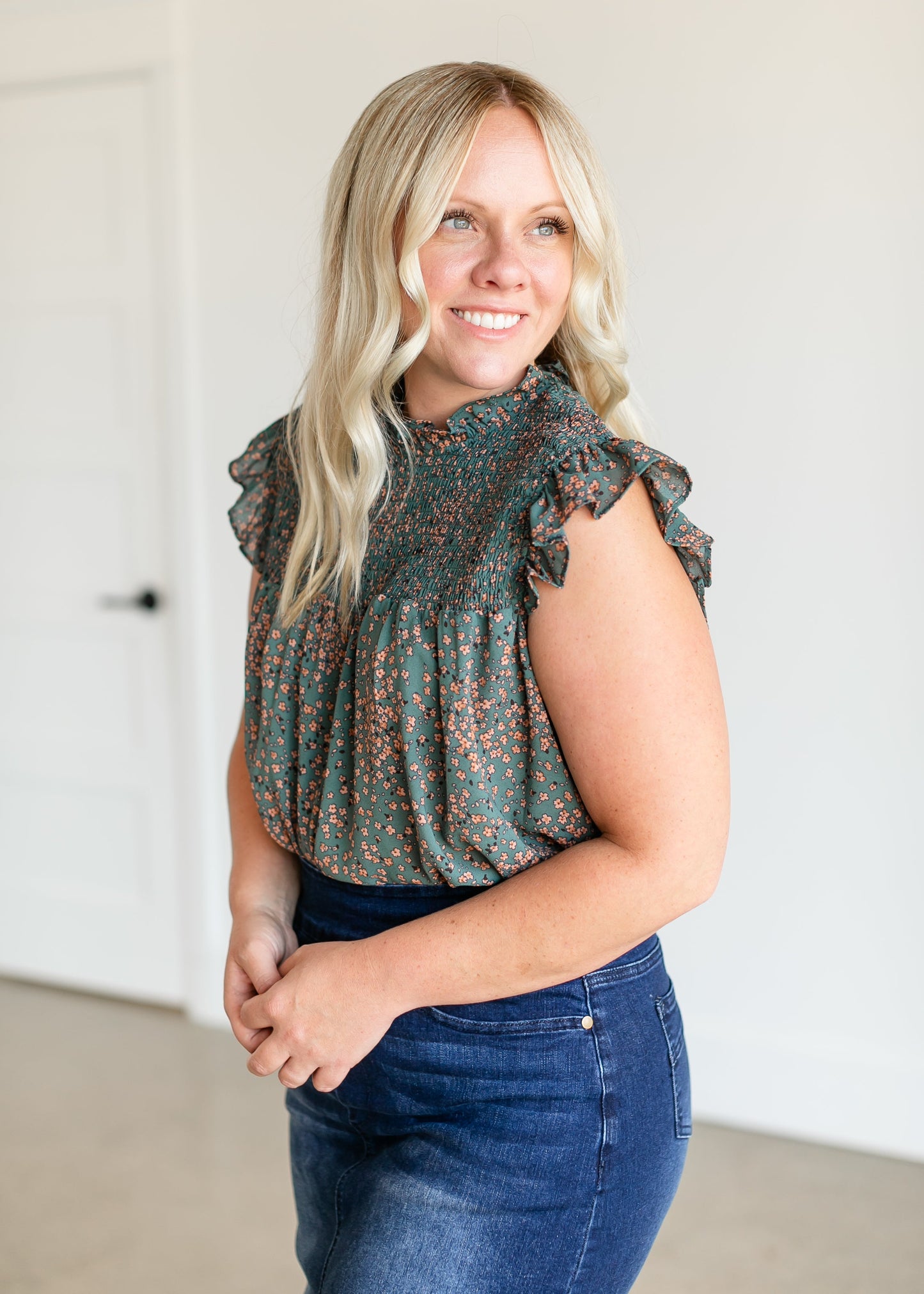 Ruffle Sleeve Smocked Ditsy Floral Top FF Tops