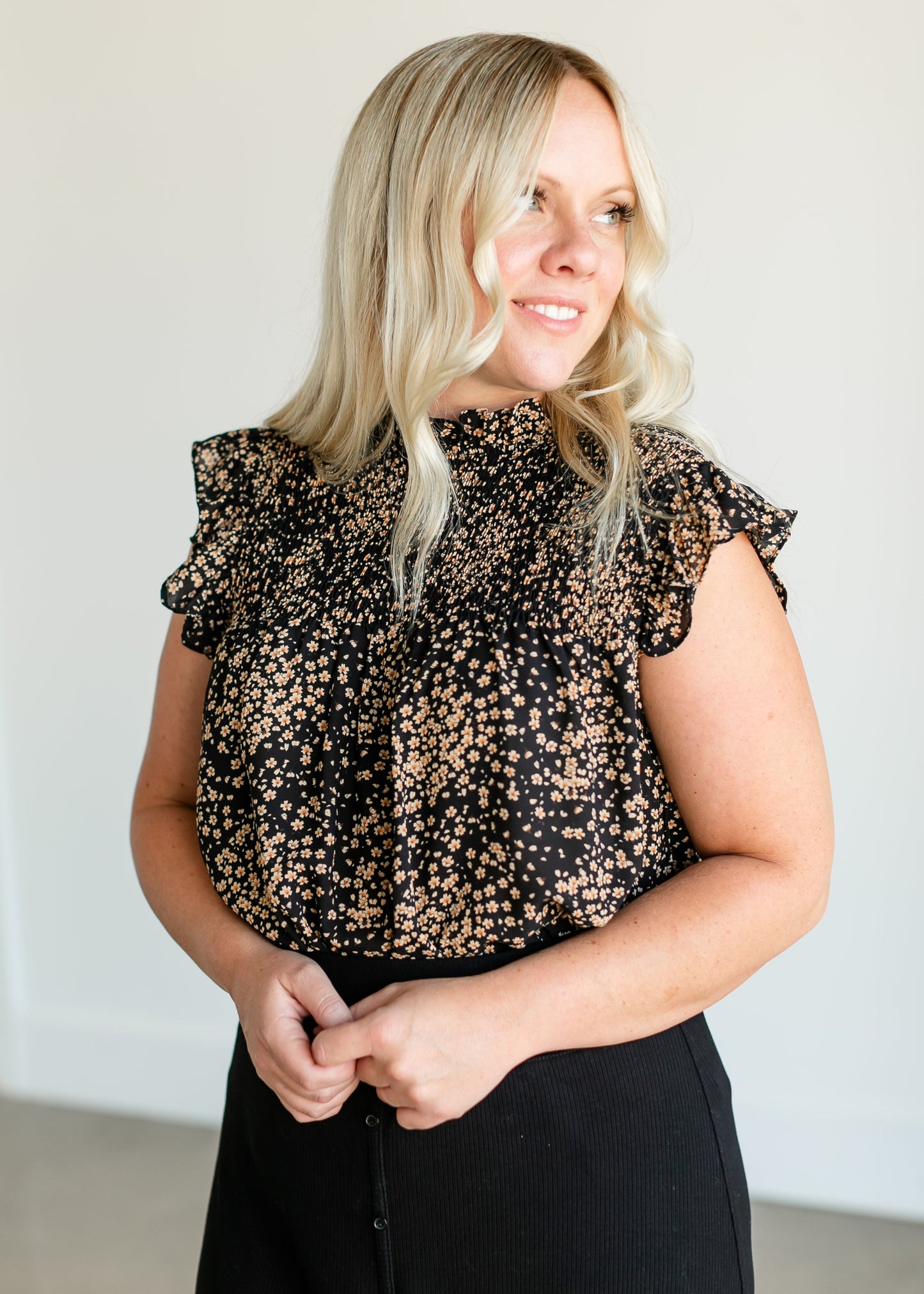 Ruffle Sleeve Smocked Ditsy Floral Top FF Tops
