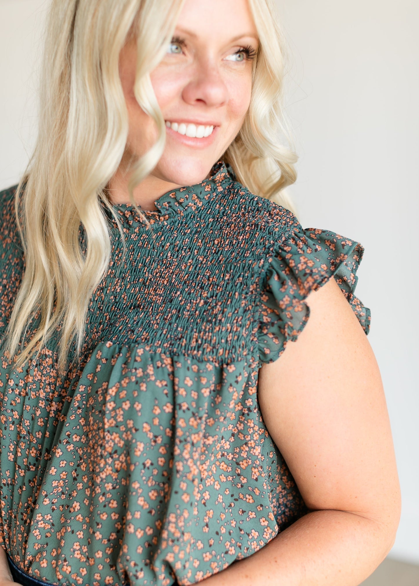 Ruffle Sleeve Smocked Ditsy Floral Top FF Tops