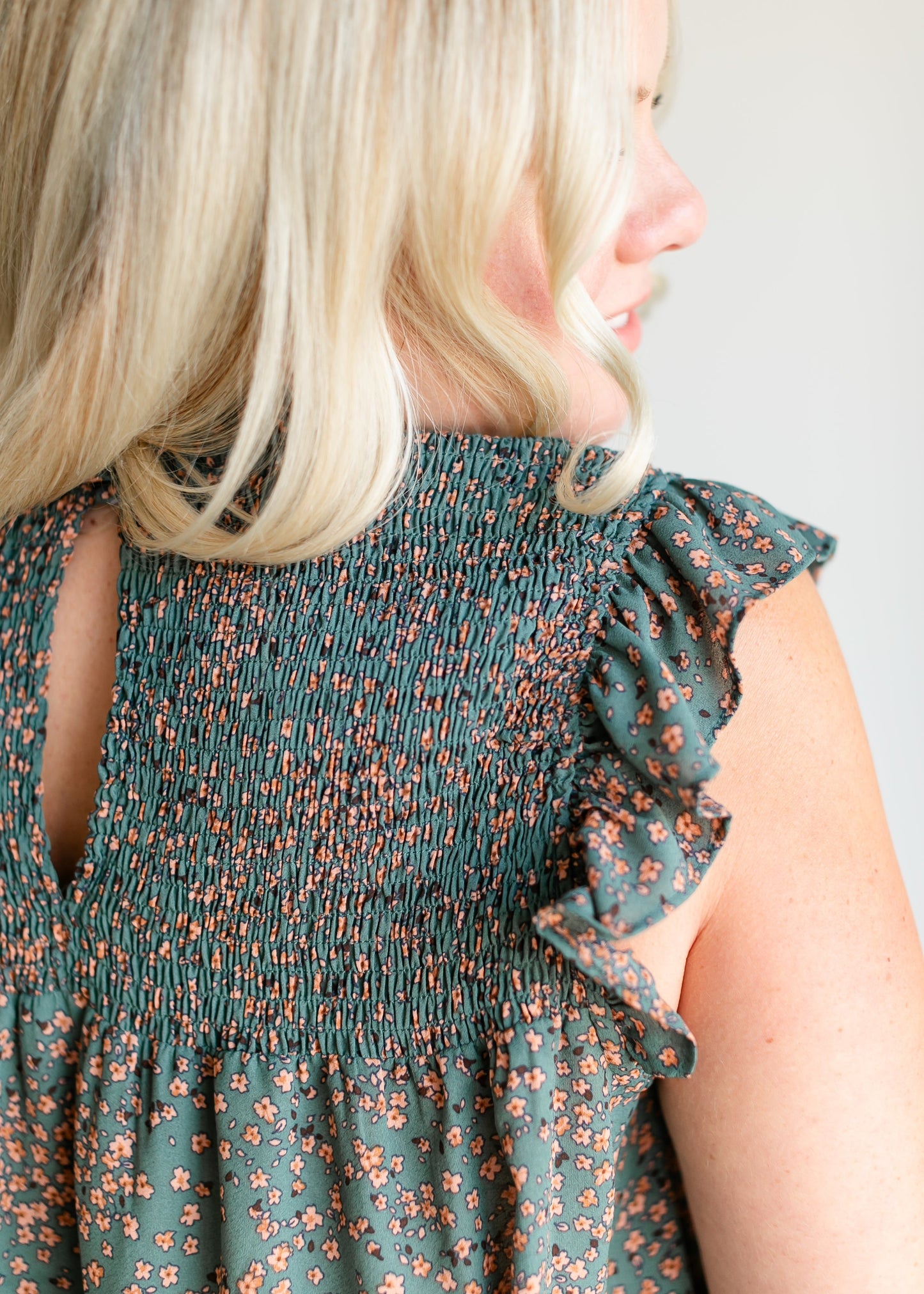 Ruffle Sleeve Smocked Ditsy Floral Top FF Tops