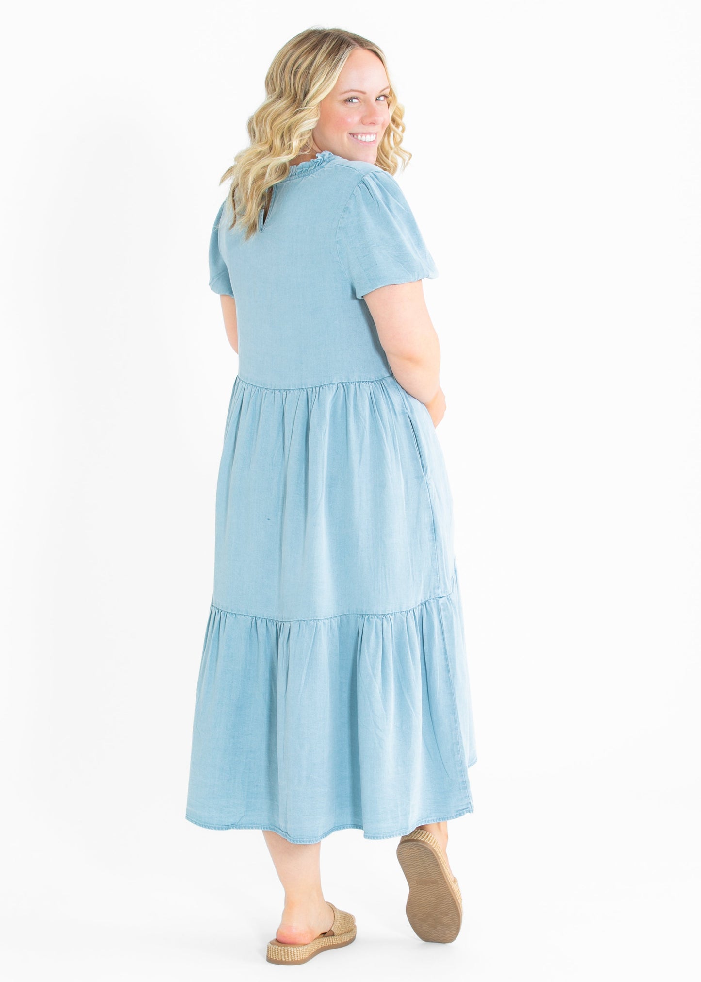 Ruffled V Neck Puff Sleeve Tencel Dress FF Dresses