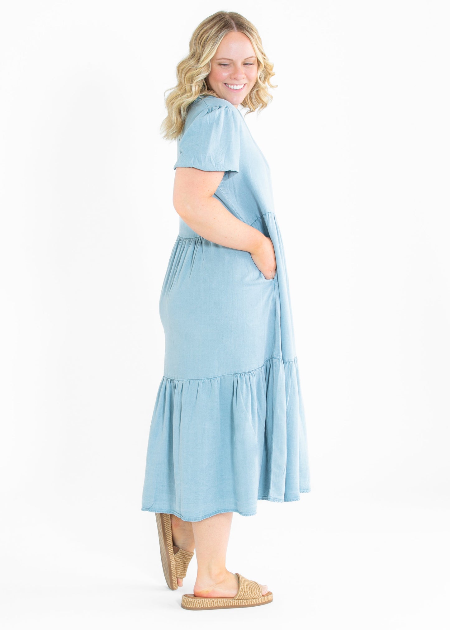 Ruffled V Neck Puff Sleeve Tencel Dress FF Dresses