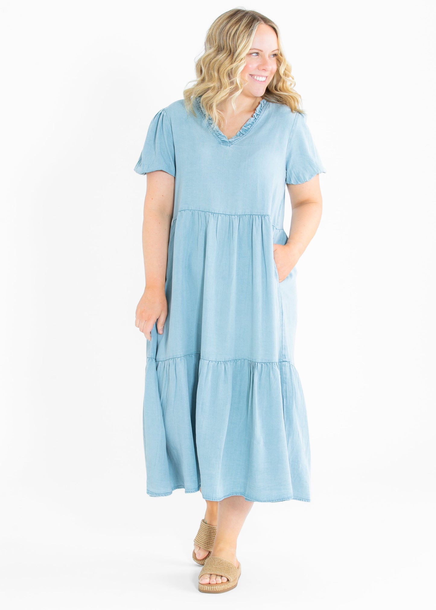 Ruffled V Neck Puff Sleeve Tencel Dress FF Dresses