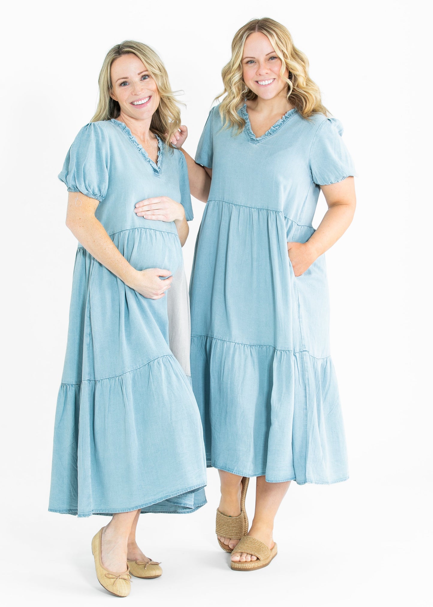 Ruffled V Neck Puff Sleeve Tencel Dress FF Dresses