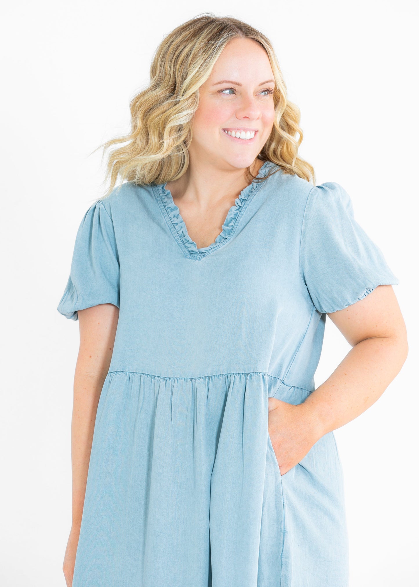 Ruffled V Neck Puff Sleeve Tencel Dress FF Dresses