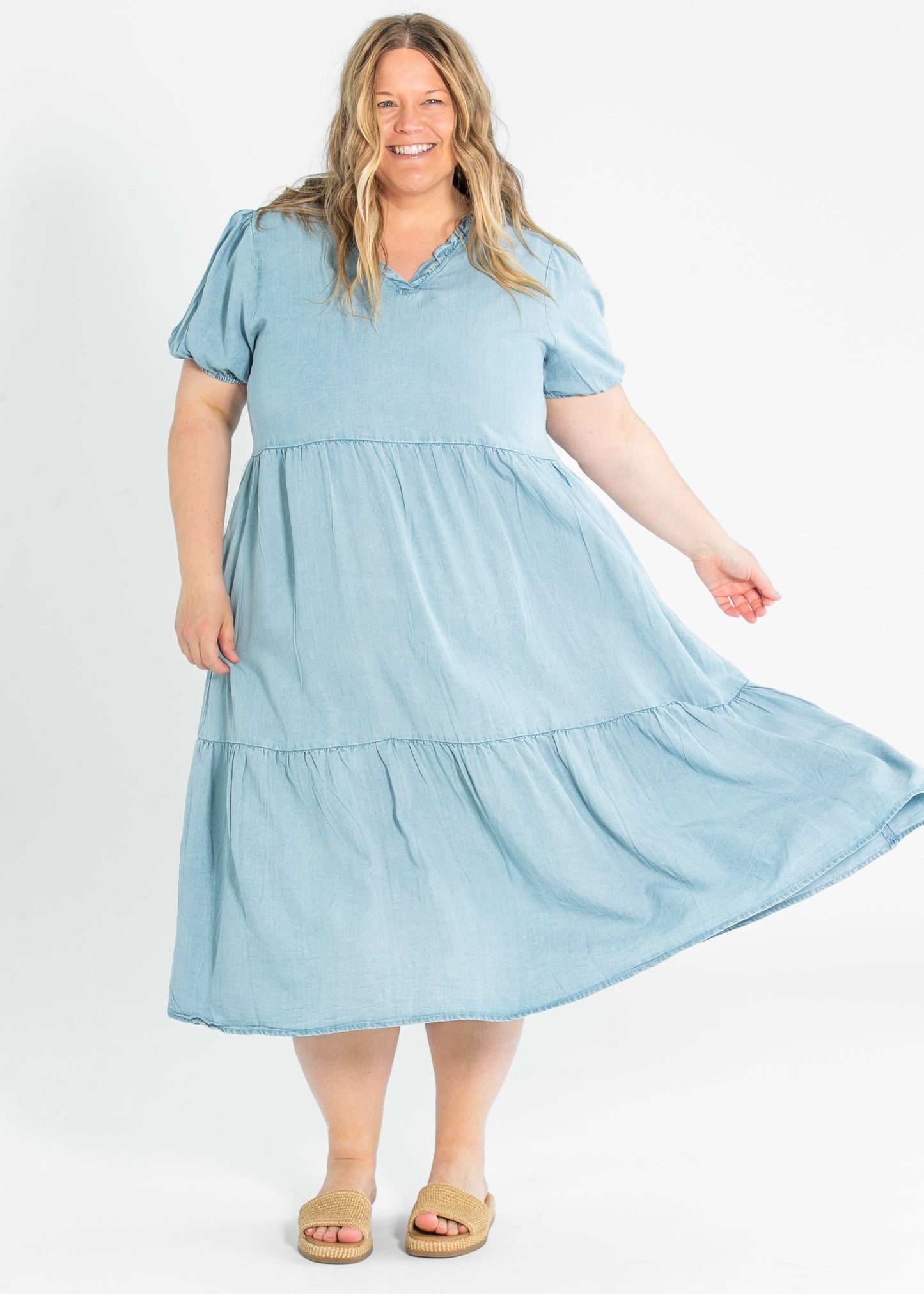 Ruffled V Neck Puff Sleeve Tencel Dress FF Dresses