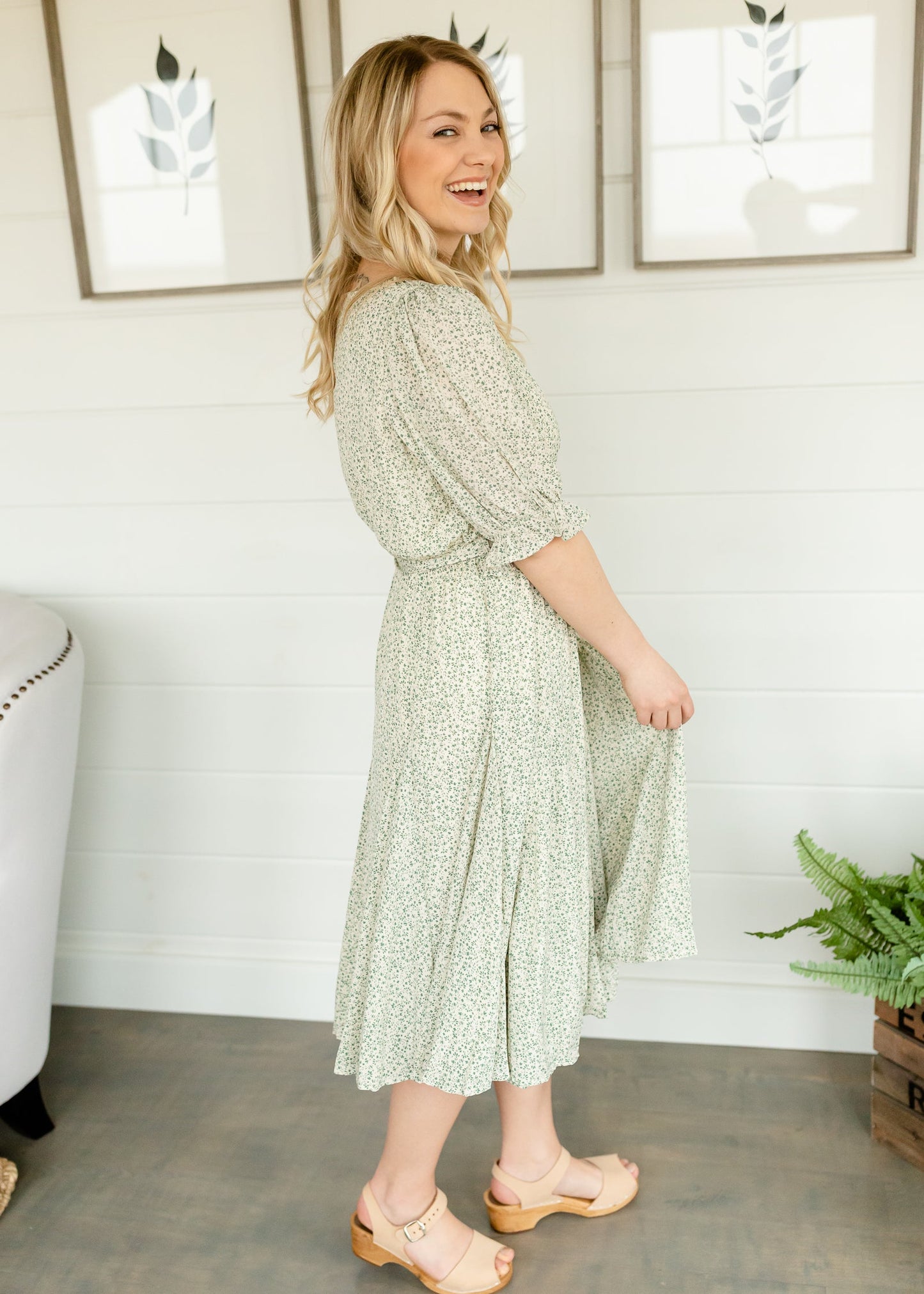 Sage Square Neck Tie Waist Midi Dress - FINAL SALE Dresses