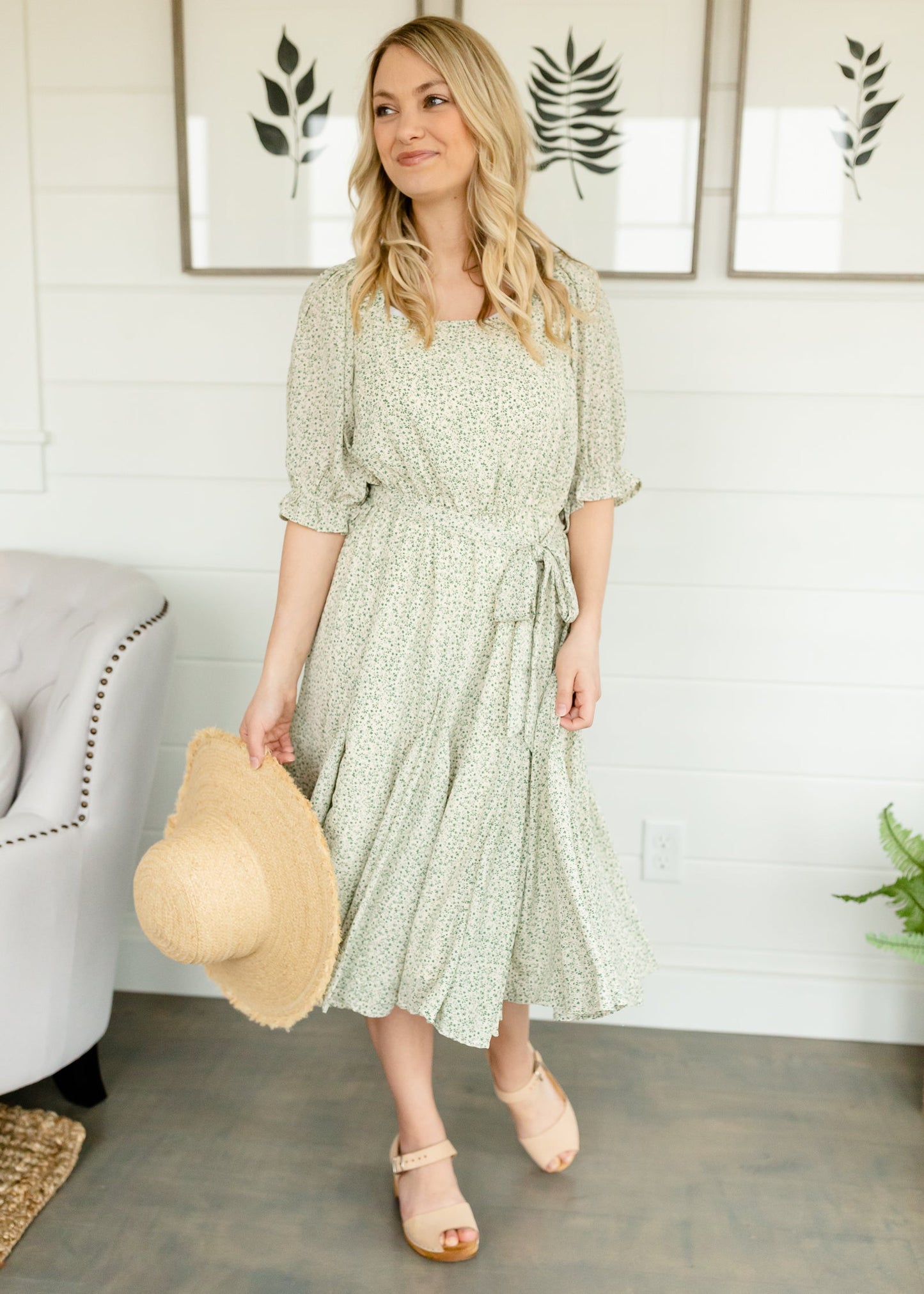 Sage Square Neck Tie Waist Midi Dress - FINAL SALE Dresses