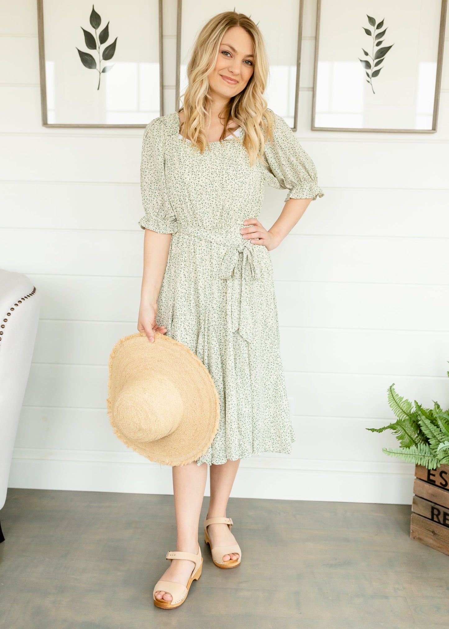 Sage Square Neck Tie Waist Midi Dress - FINAL SALE Dresses