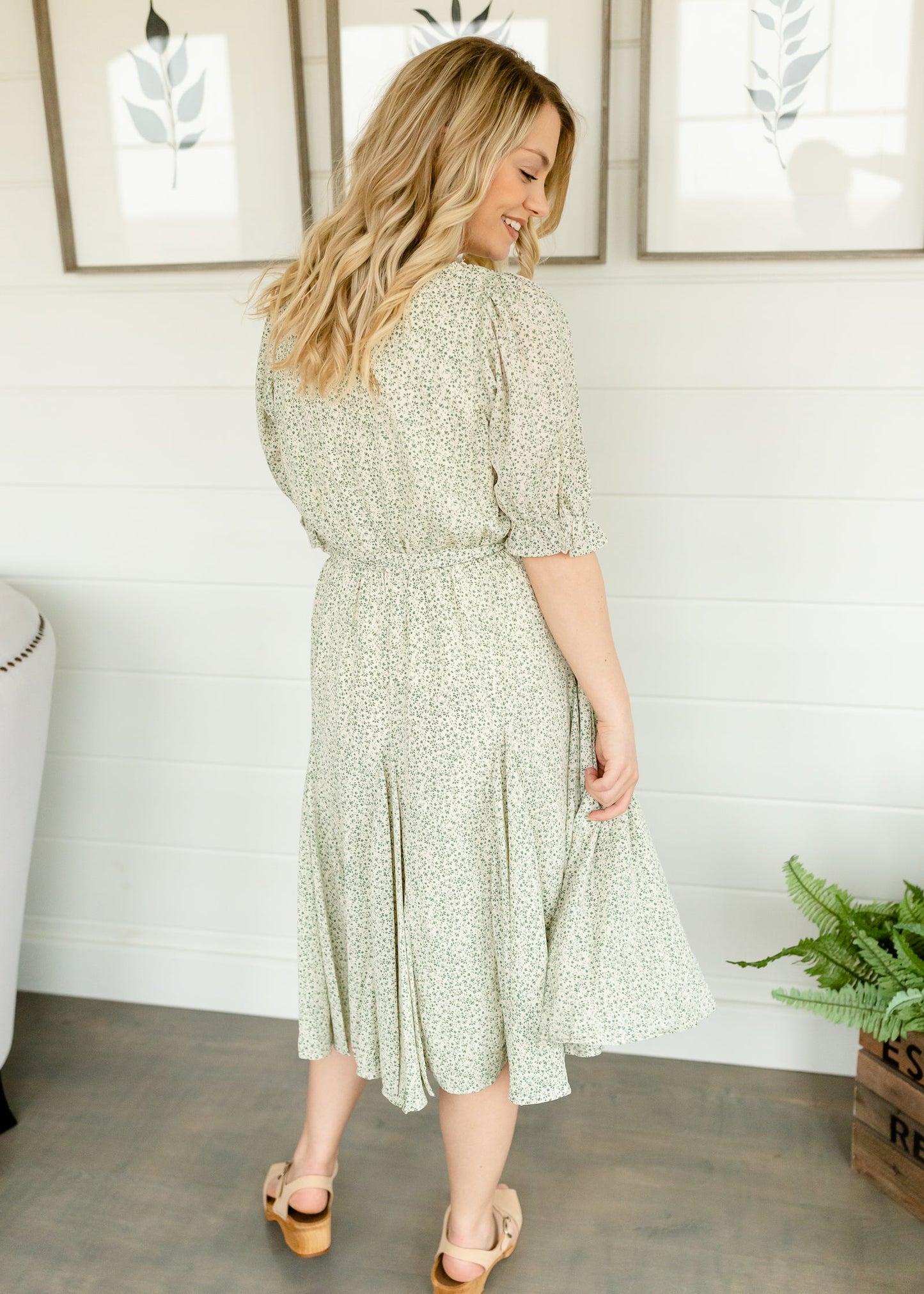 Sage Square Neck Tie Waist Midi Dress - FINAL SALE Dresses