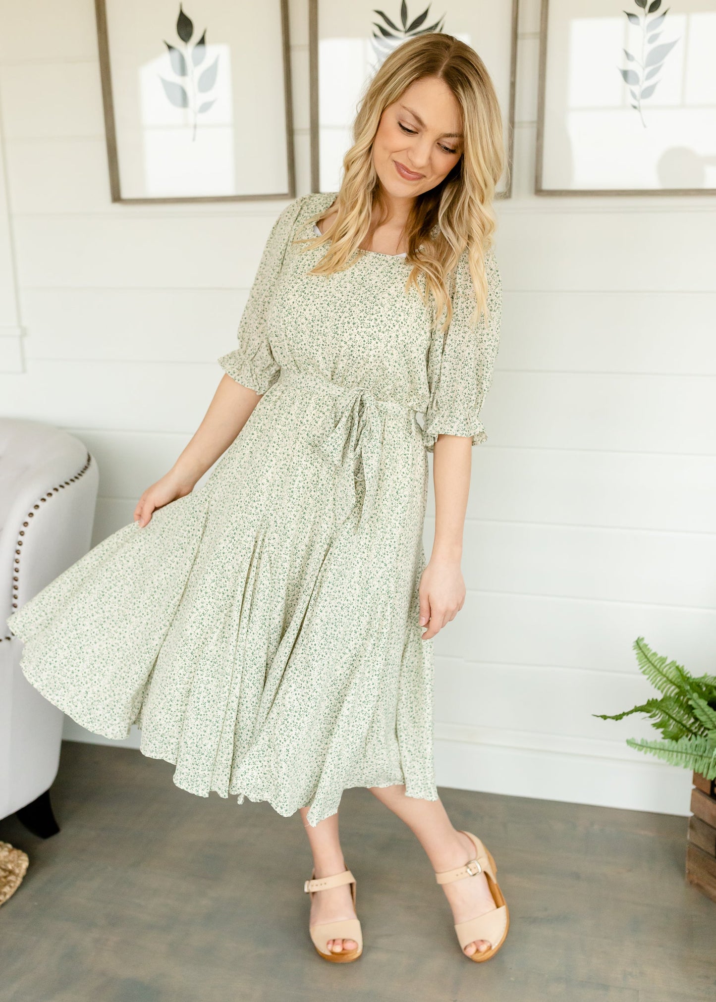 Sage Square Neck Tie Waist Midi Dress - FINAL SALE Dresses