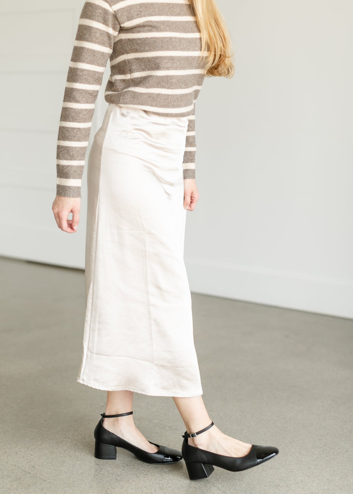 Satin Champagne Midi Skirt FF Skirts