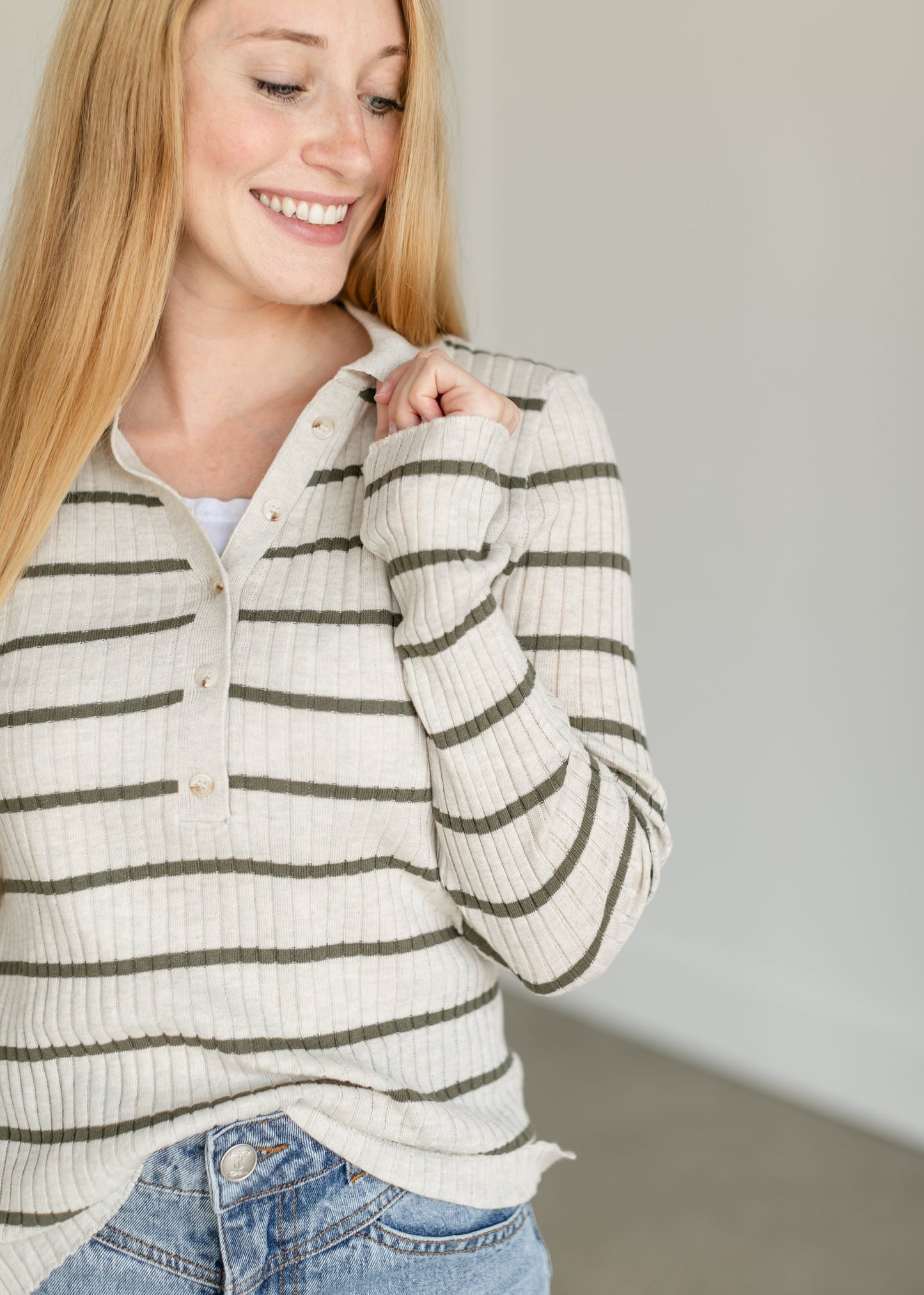 Savannah Ribbed Striped Polo Top FF Tops