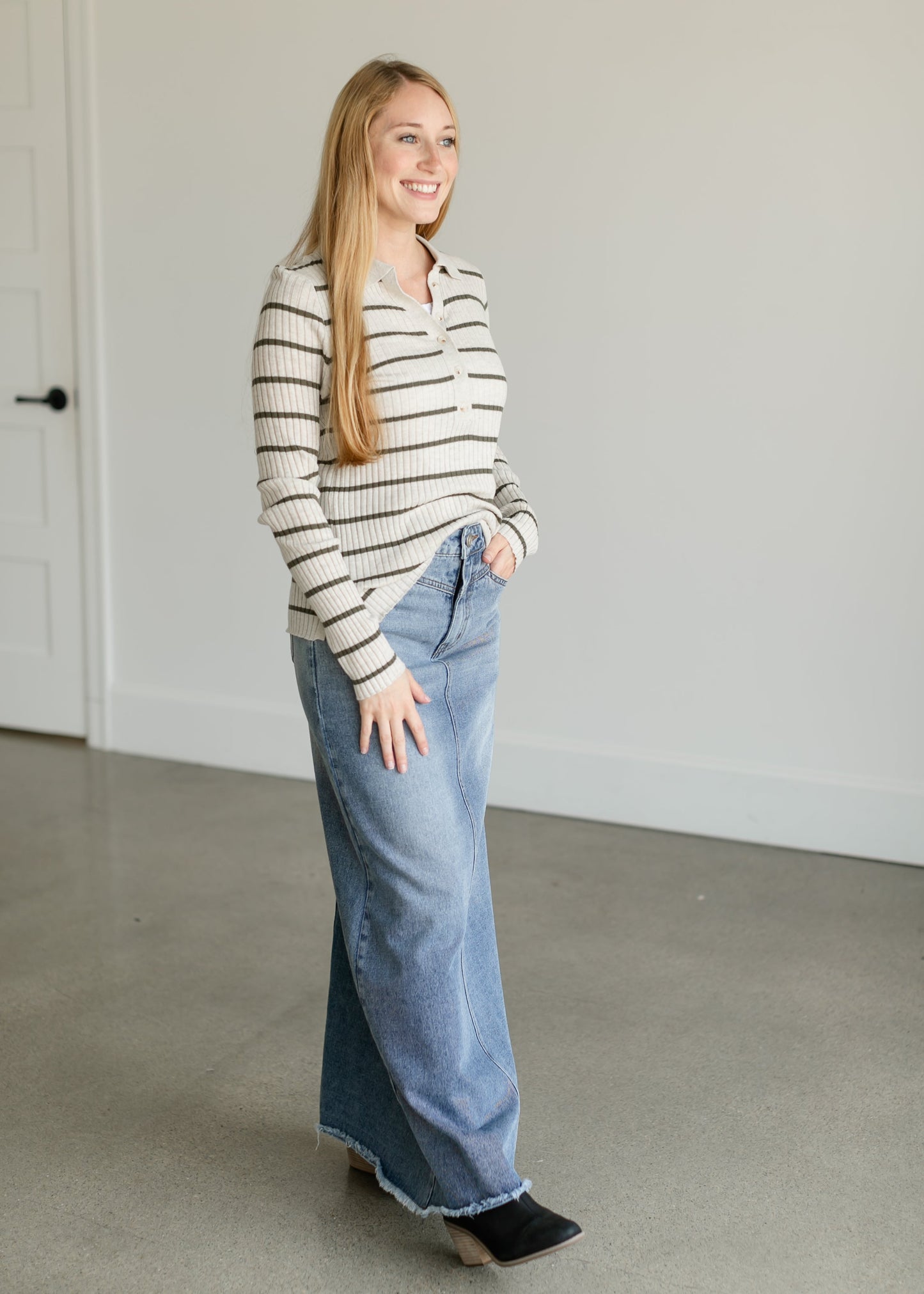 Savannah Ribbed Striped Polo Top FF Tops