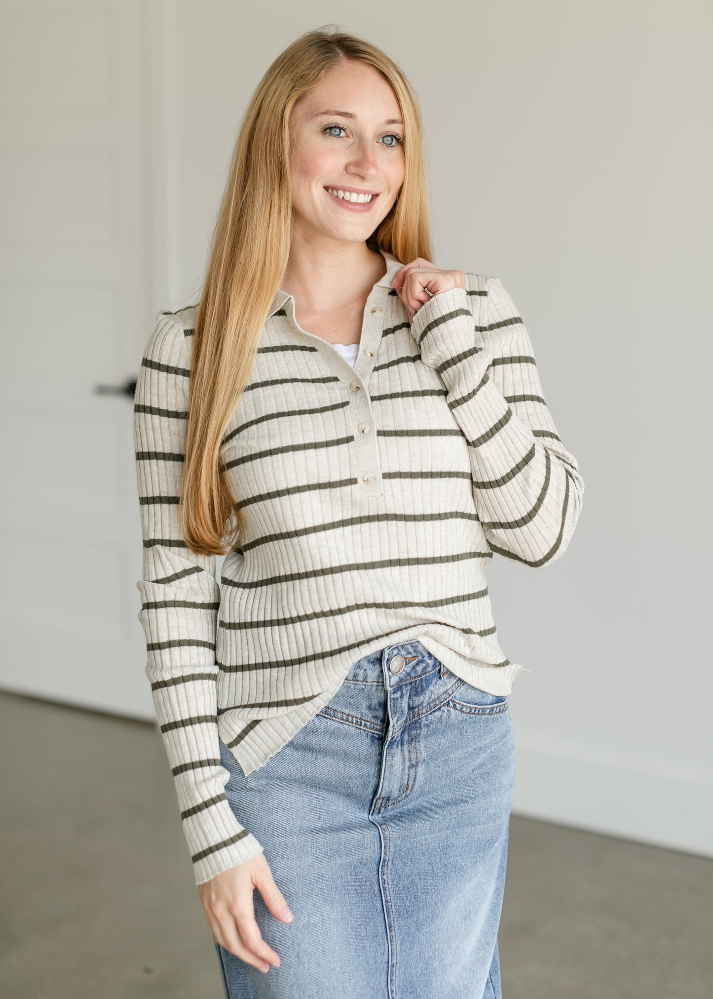 Savannah Ribbed Striped Polo Top FF Tops