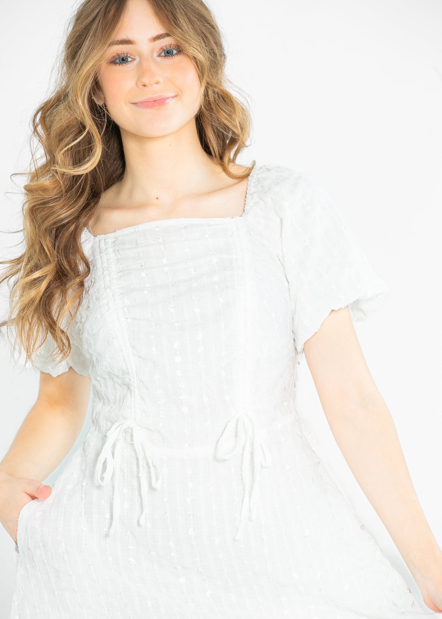 Saylor Square Neckline White Midi Dress FF Dresses