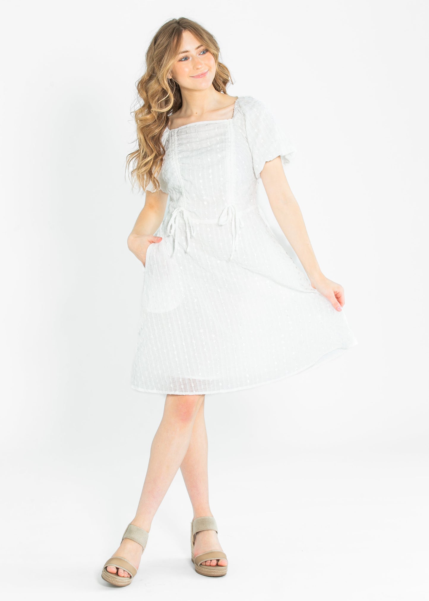 Saylor Square Neckline White Midi Dress FF Dresses
