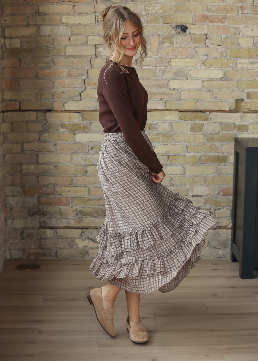Scalloped Button Knit Brown Long Sleeve Cardigan FF Layering Essentials