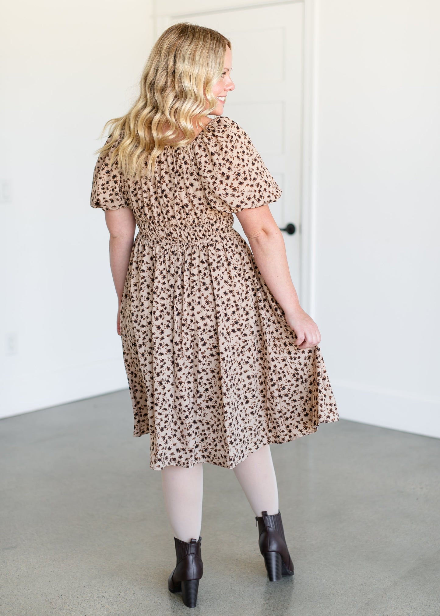 Short Sleeve Brown Floral Midi Dress FF Dresses