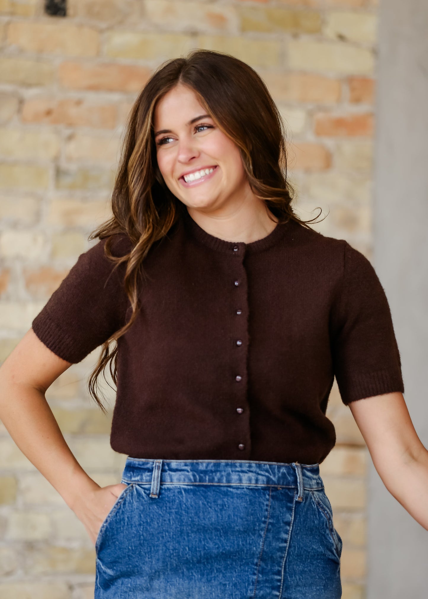 Short Sleeve Button Cardigan FF Layering Essentials Brown / S