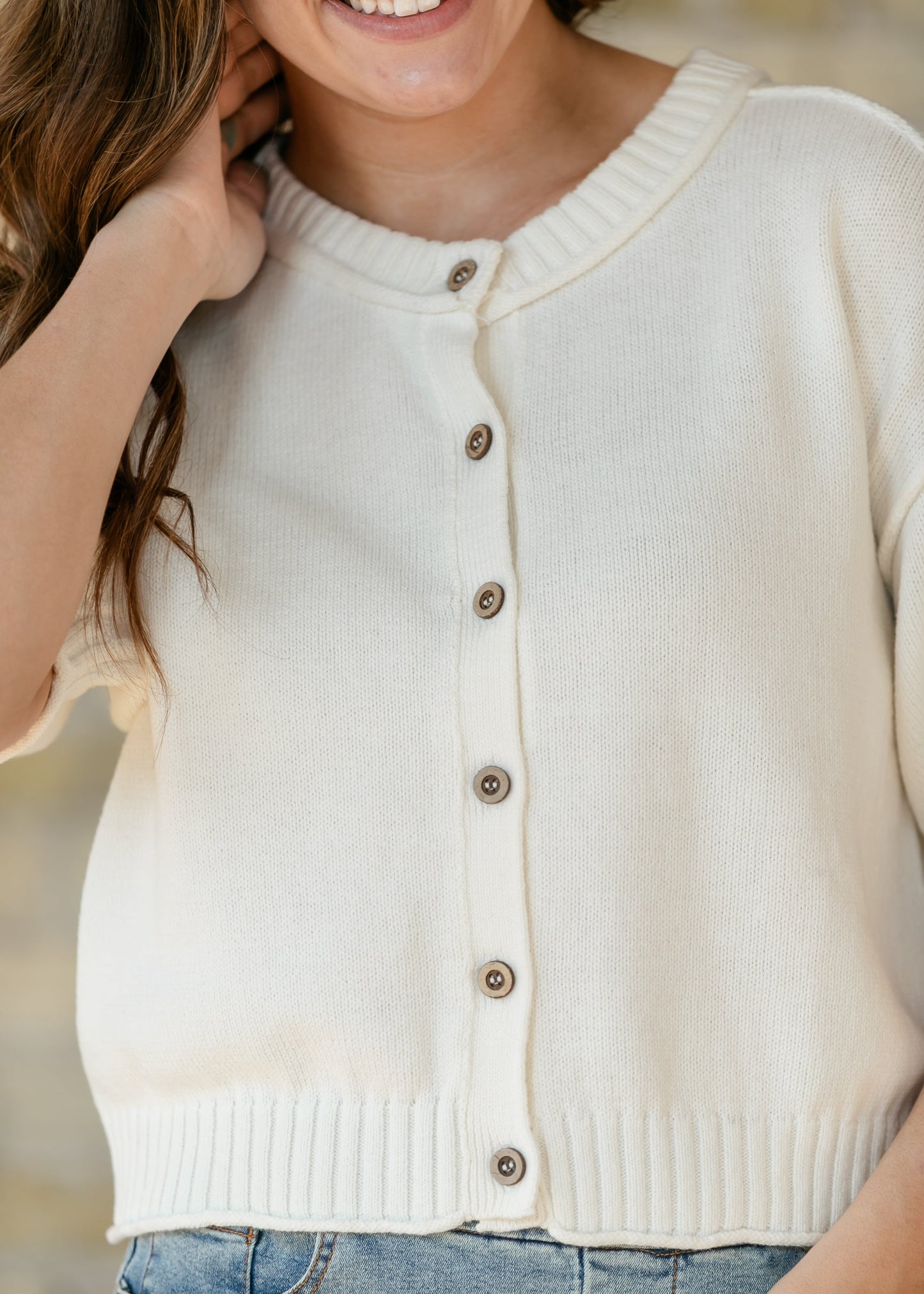 Short Sleeve Button Down Cream Cardigan FF Layering Essentials
