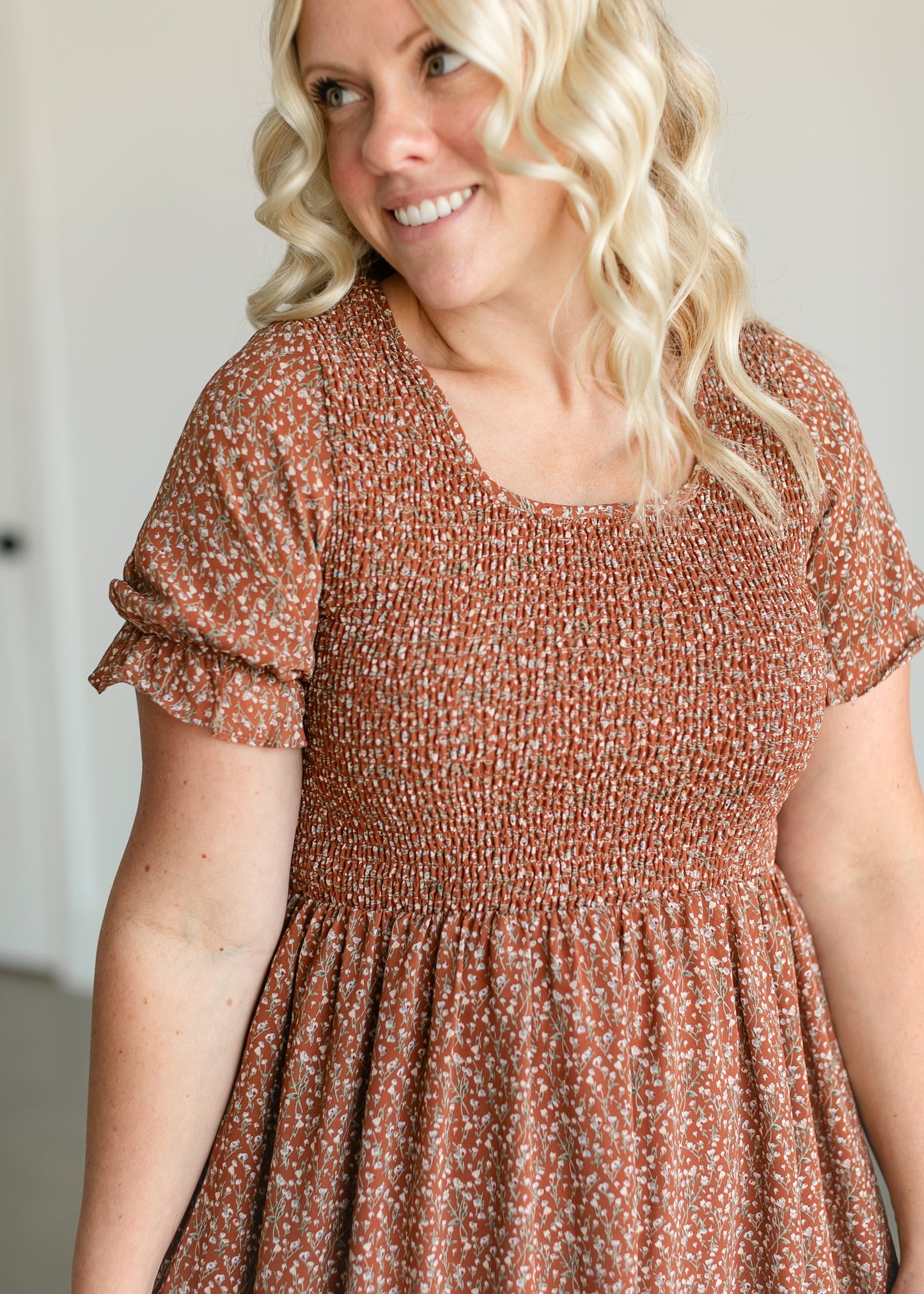 Short Sleeve Floral Smocked Midi Dress FF Dresses