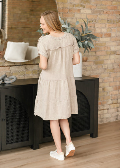 Short Sleeve V-neck Cotton Midi Dress FF Dresses