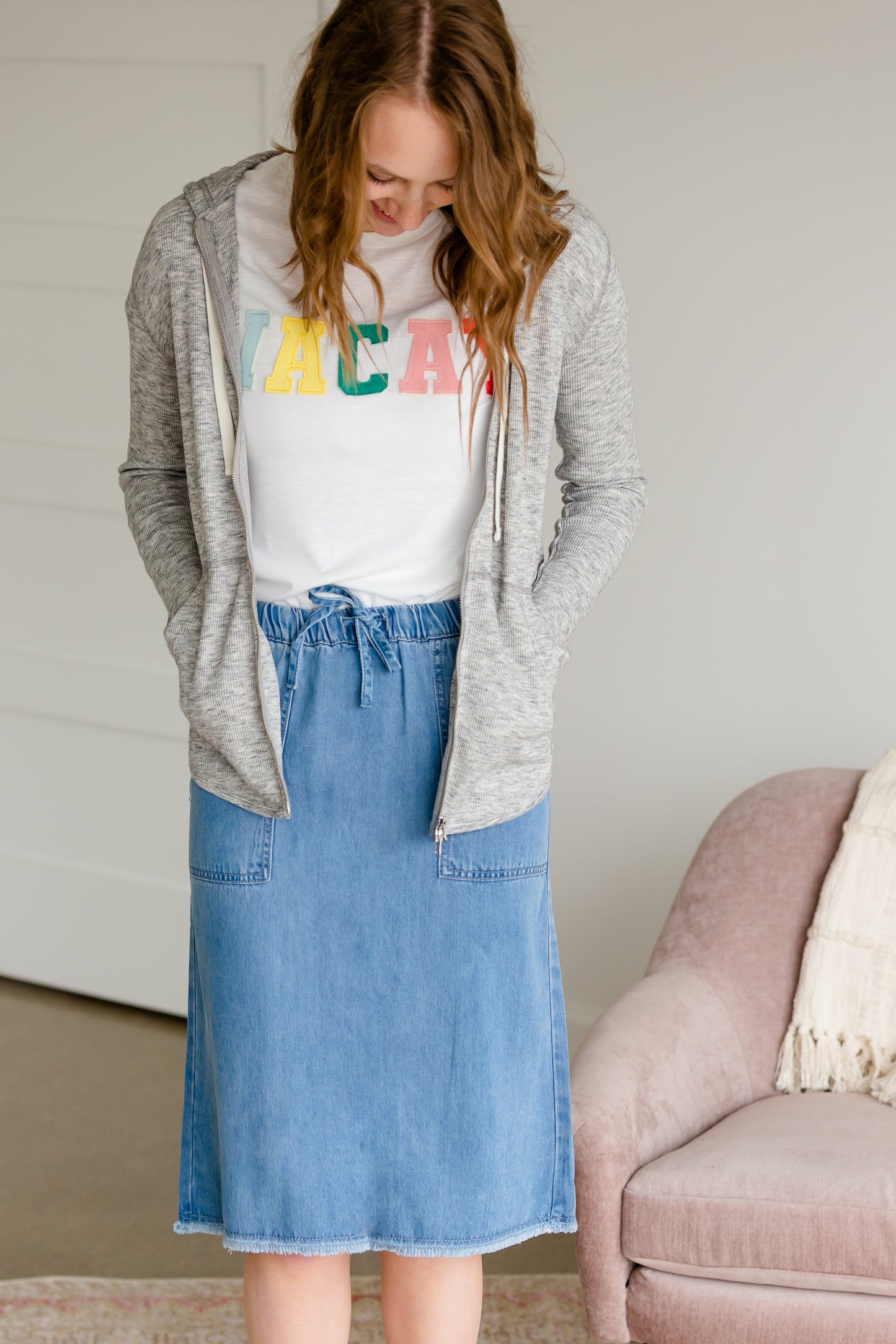 Sky Drawstring Waist Chambray Denim Midi Jean Skirt - FINAL SALE Skirts