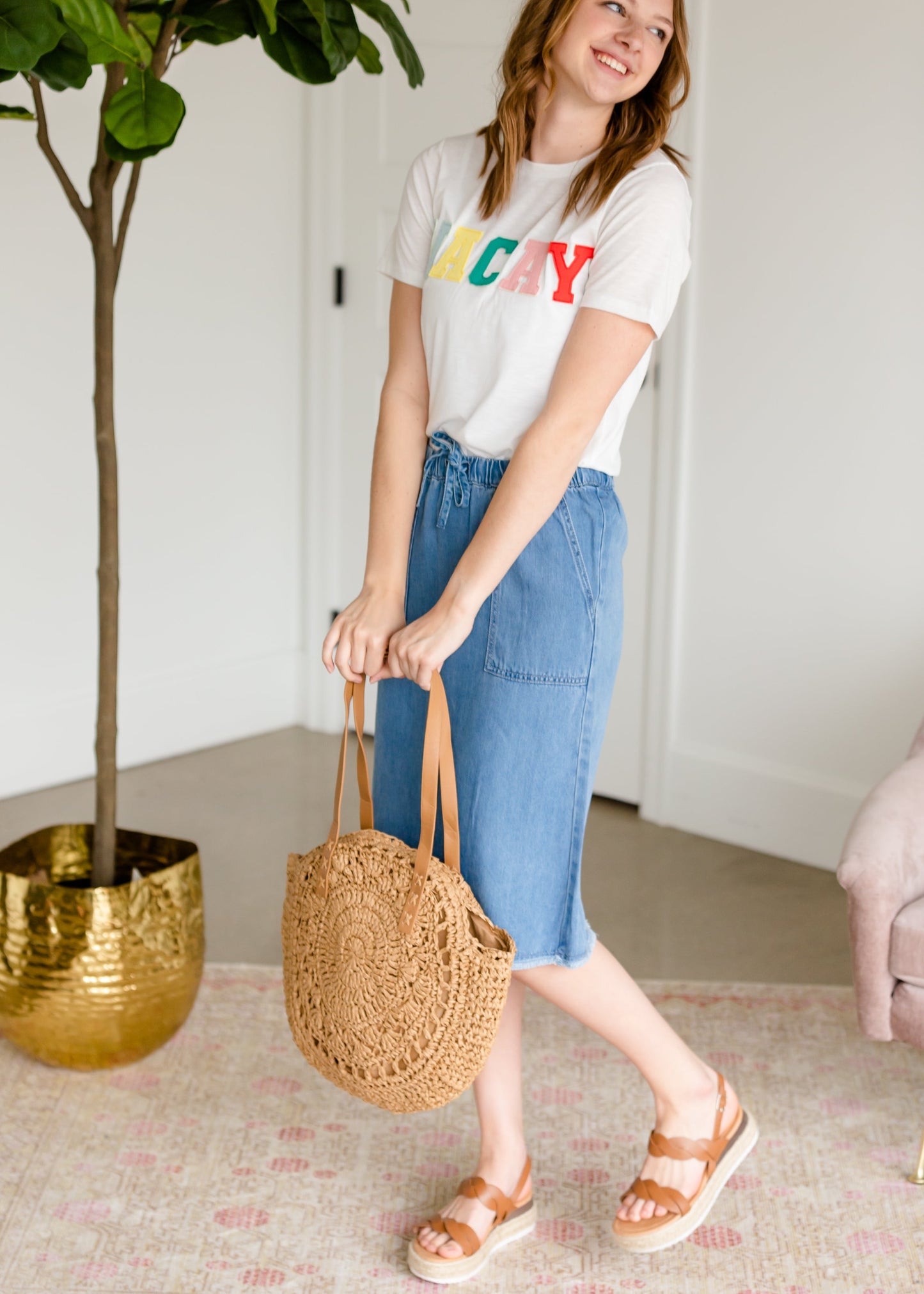 Sky Drawstring Waist Chambray Denim Midi Jean Skirt - FINAL SALE Skirts