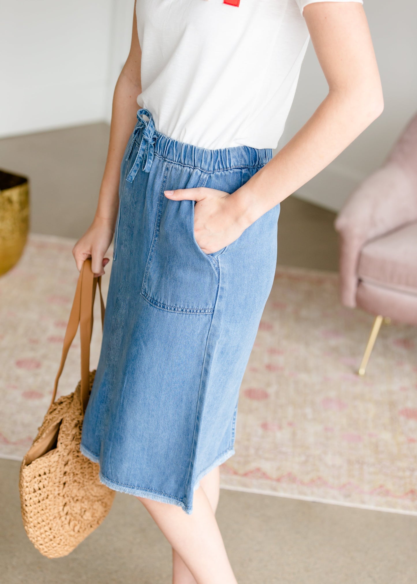 Sky Drawstring Waist Chambray Denim Midi Jean Skirt - FINAL SALE Skirts