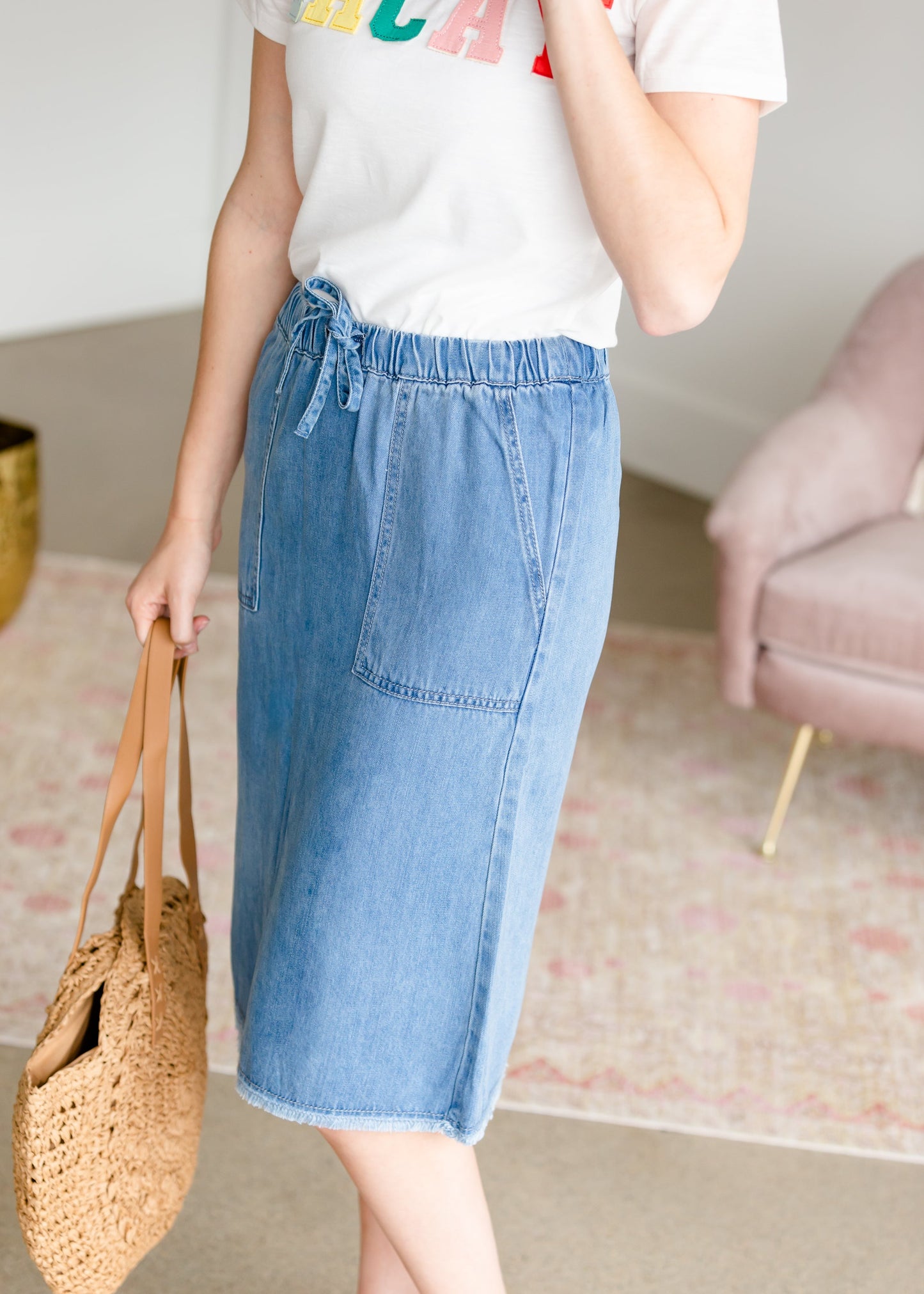 Sky Drawstring Waist Chambray Denim Midi Jean Skirt - FINAL SALE Skirts
