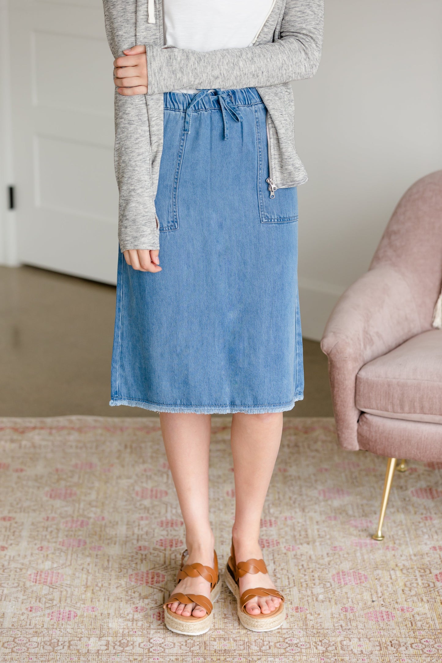 Sky Drawstring Waist Chambray Denim Midi Jean Skirt - FINAL SALE Skirts