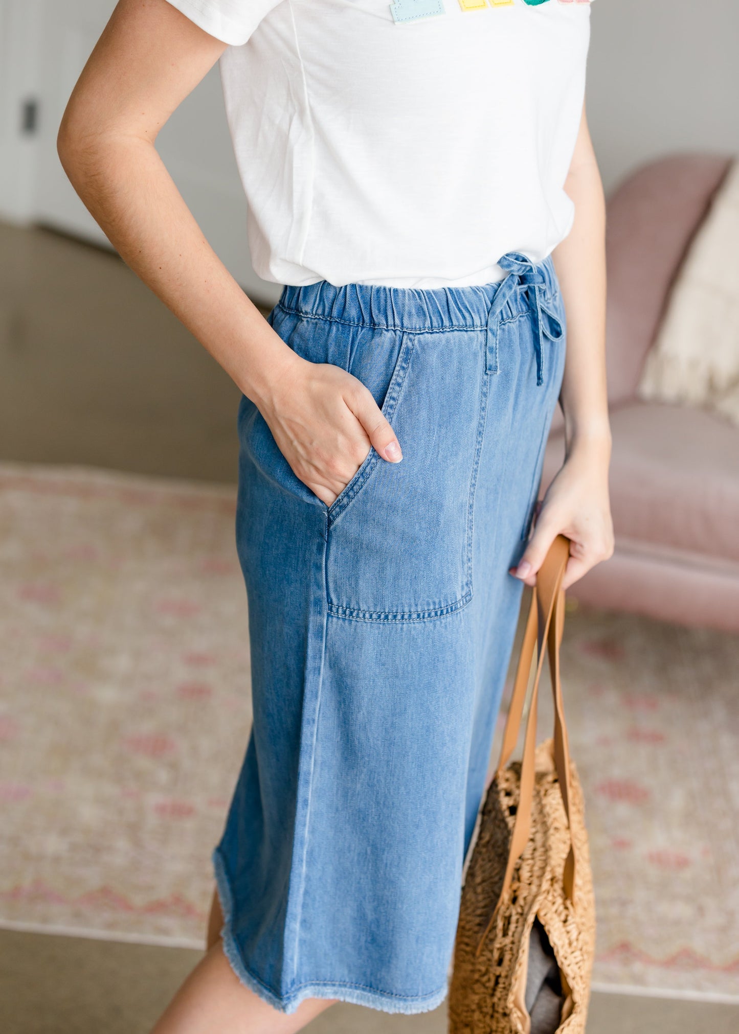 Sky Drawstring Waist Chambray Denim Midi Jean Skirt - FINAL SALE Skirts