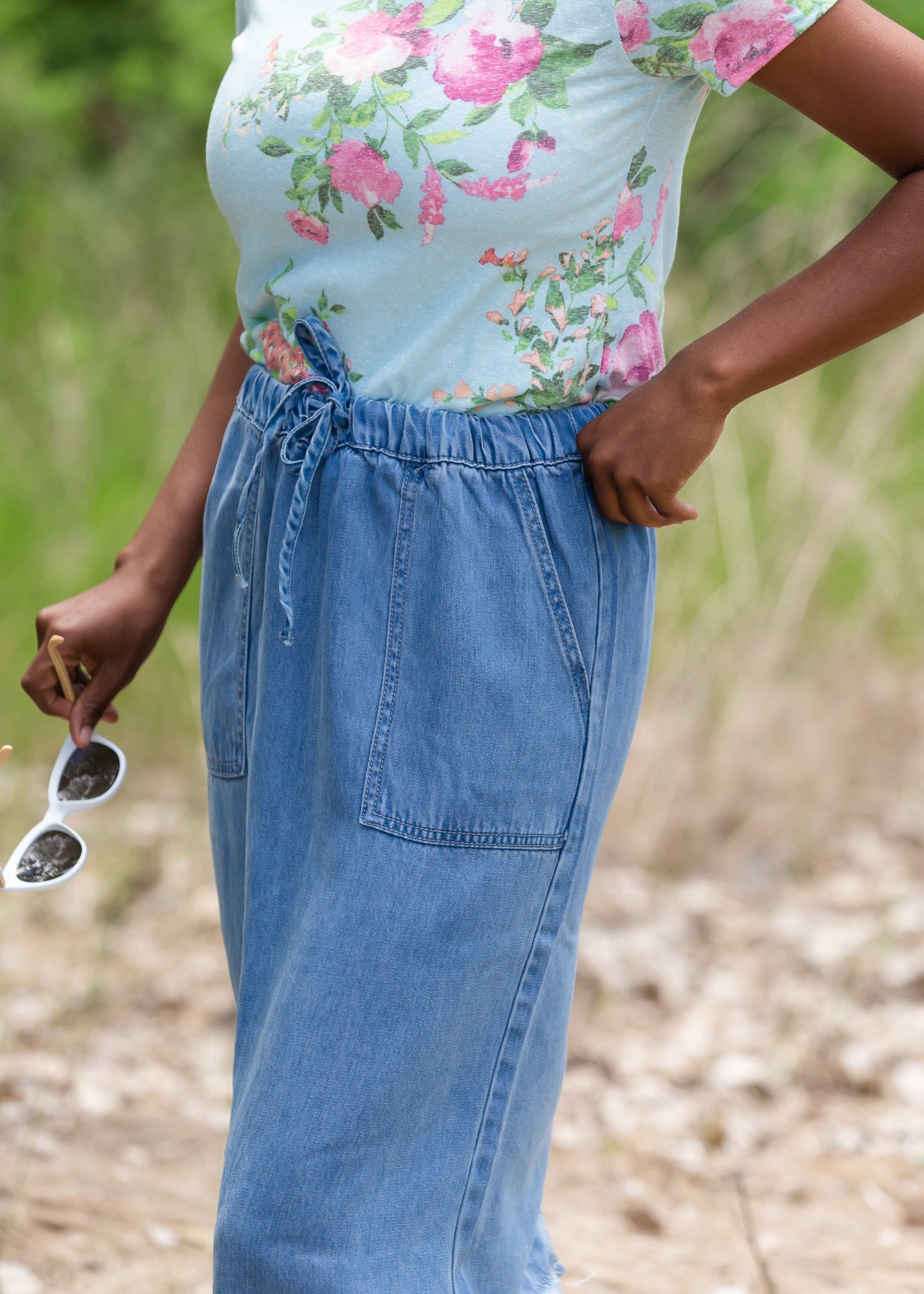 Sky Drawstring Waist Chambray Denim Midi Jean Skirt - FINAL SALE Skirts