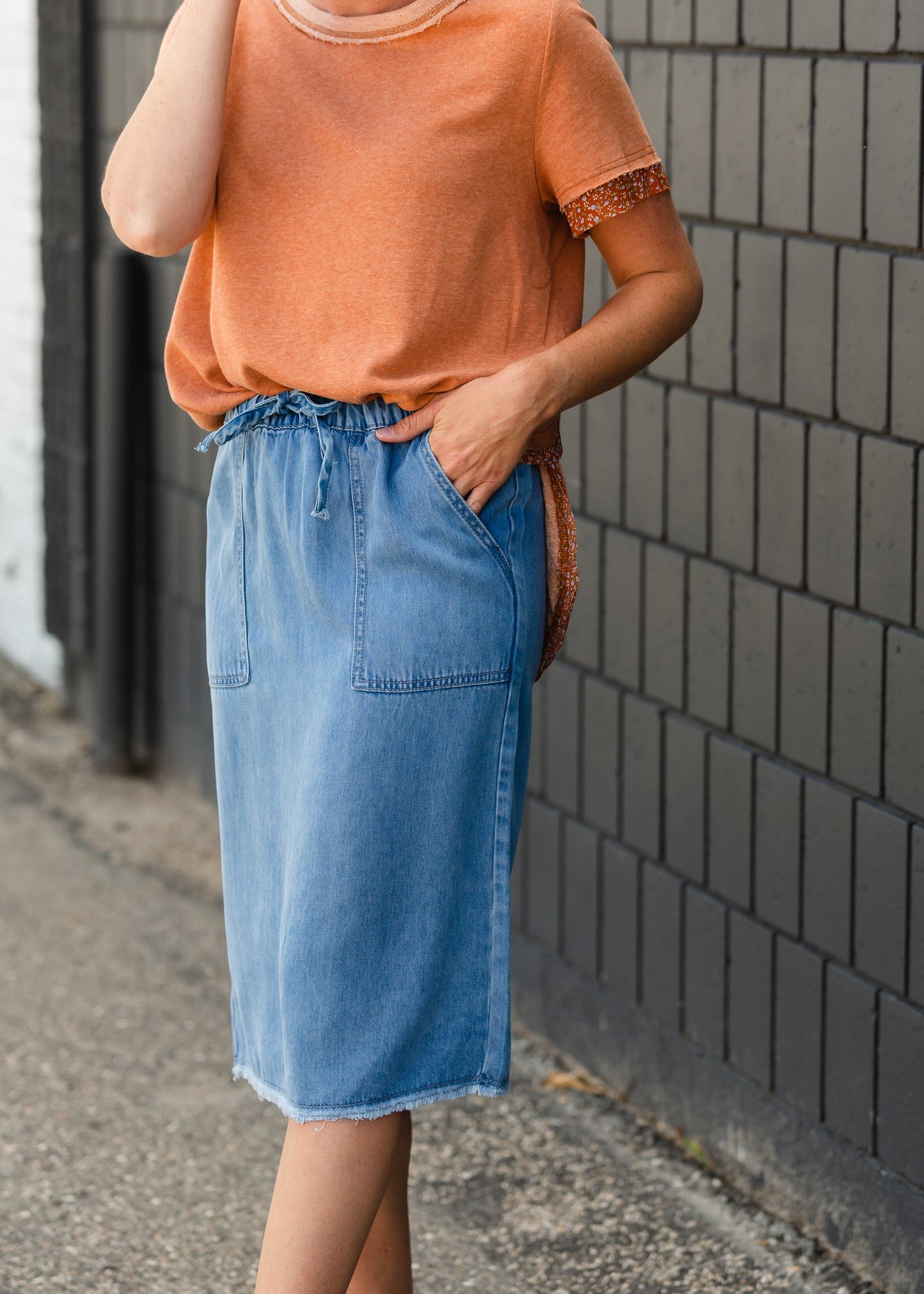 Sky Drawstring Waist Chambray Denim Midi Jean Skirt - FINAL SALE Skirts