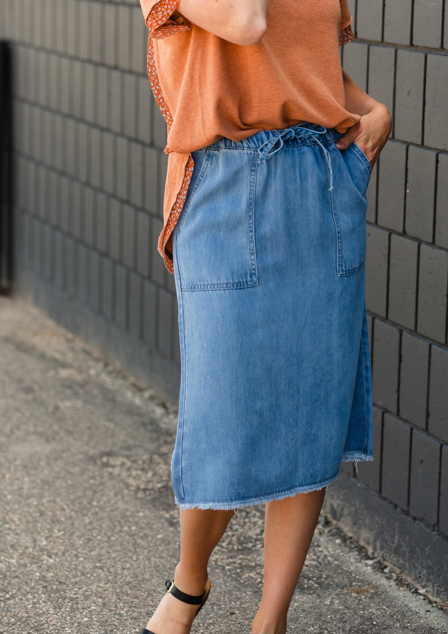 Sky Drawstring Waist Chambray Denim Midi Jean Skirt - FINAL SALE Skirts