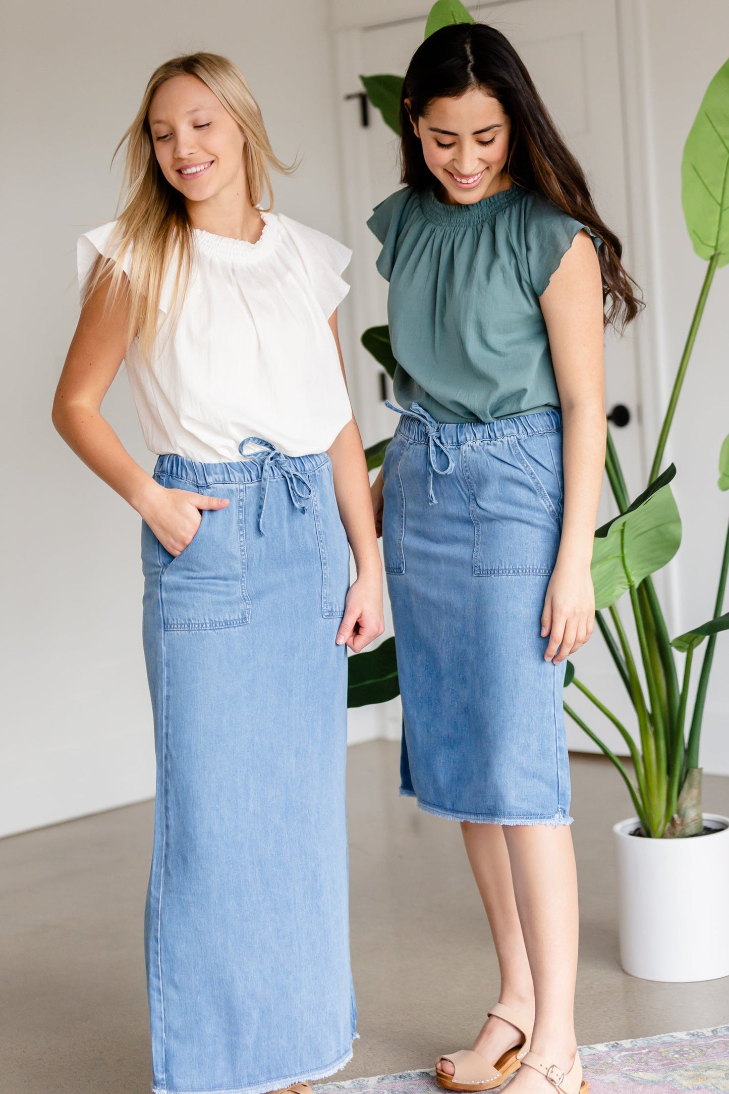 Sky Drawstring Waist Chambray Denim Midi Jean Skirt - FINAL SALE Skirts