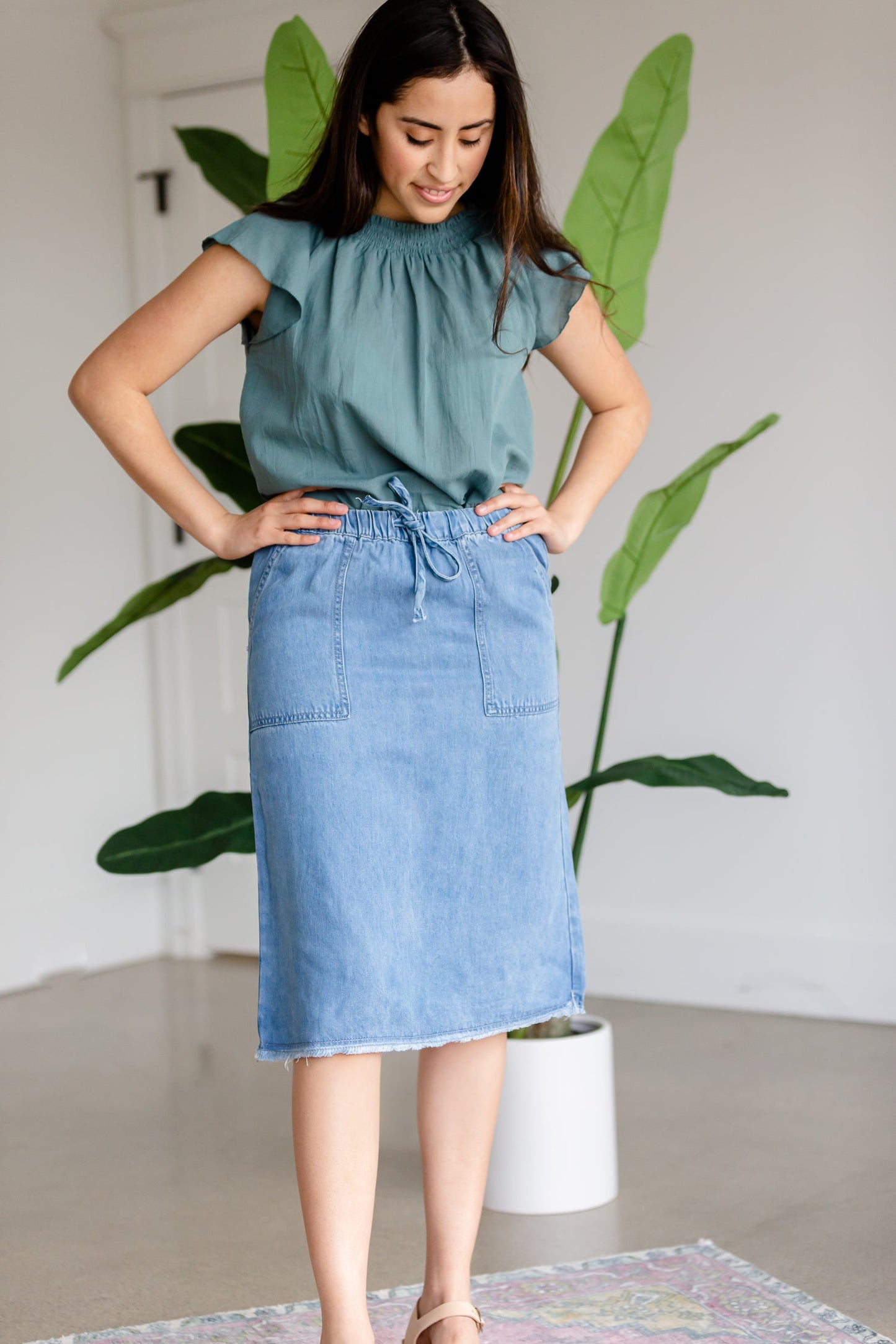 Sky Drawstring Waist Chambray Denim Midi Jean Skirt - FINAL SALE Skirts
