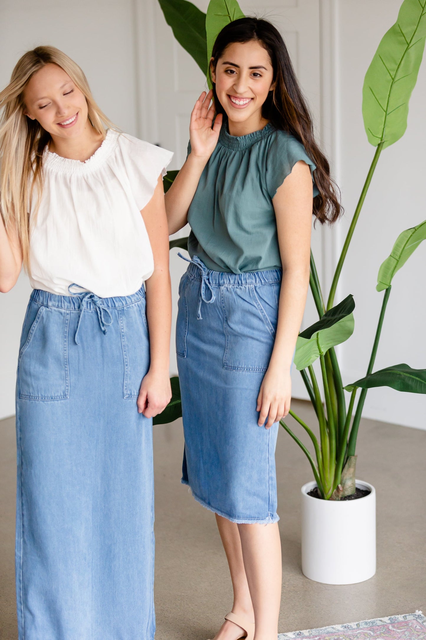 Sky Drawstring Waist Chambray Denim Midi Jean Skirt - FINAL SALE Skirts