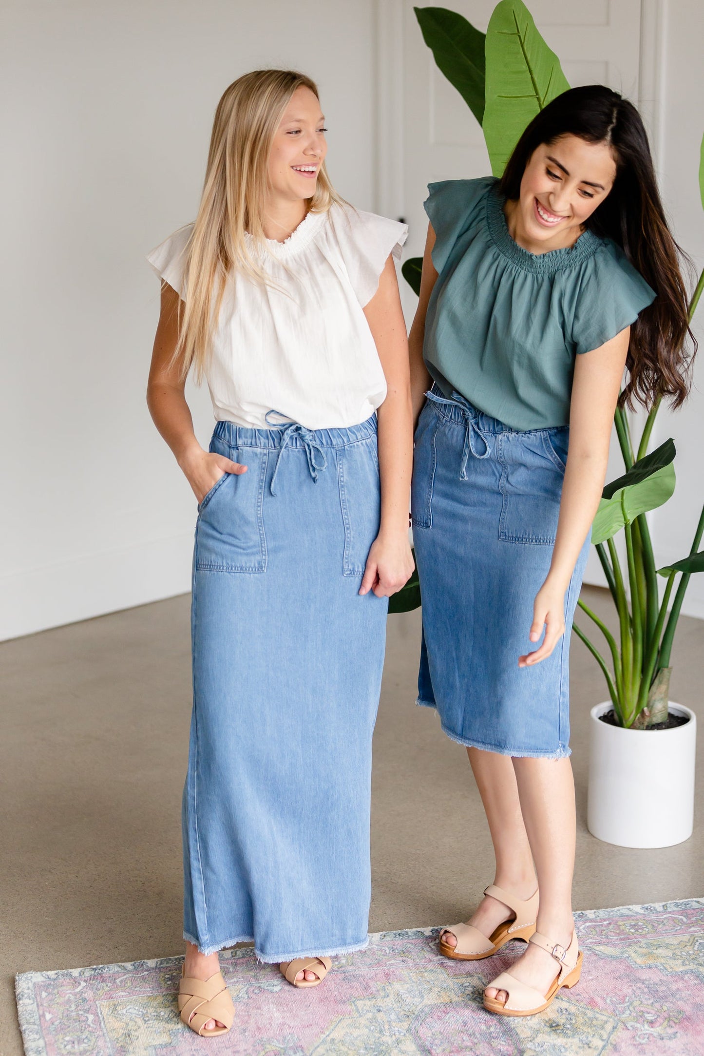 Sky Drawstring Waist Chambray Denim Midi Jean Skirt - FINAL SALE Skirts