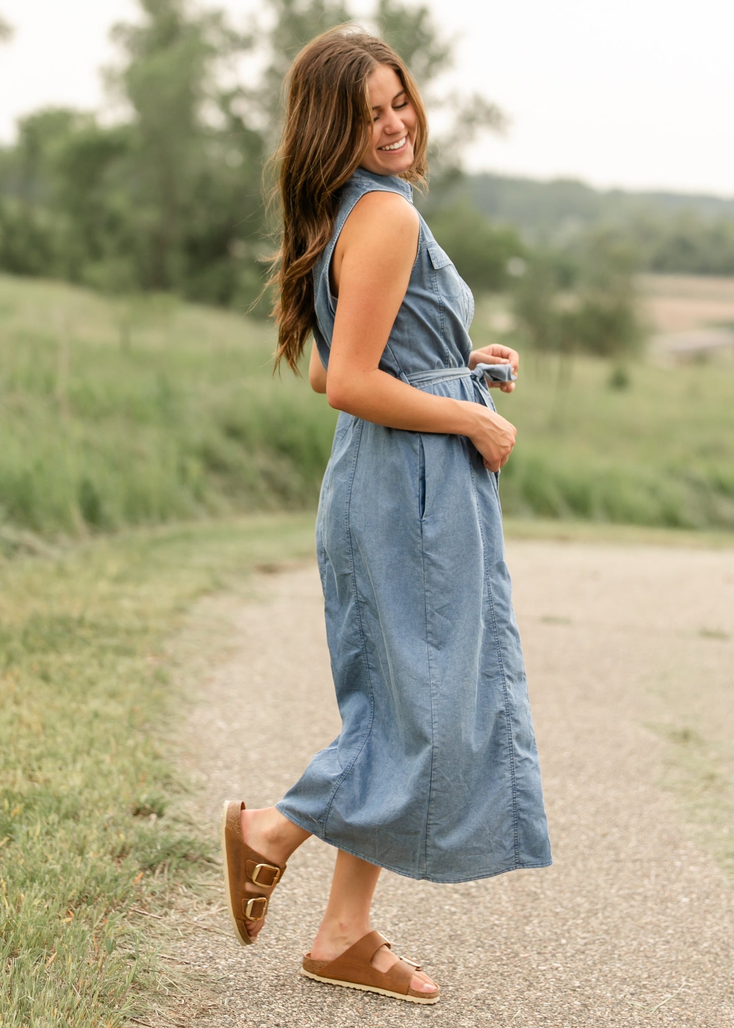 Sleeveless Belted Denim Dress FF Dresses