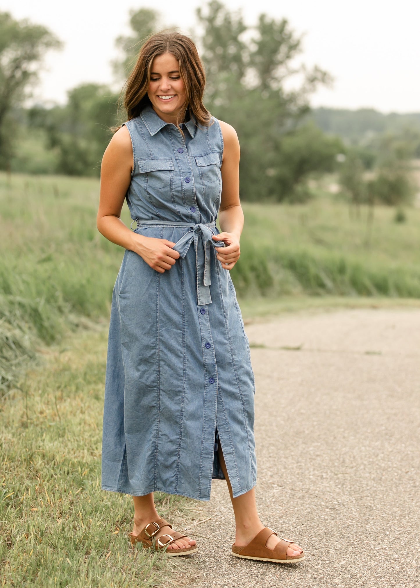 Sleeveless Belted Denim Dress FF Dresses
