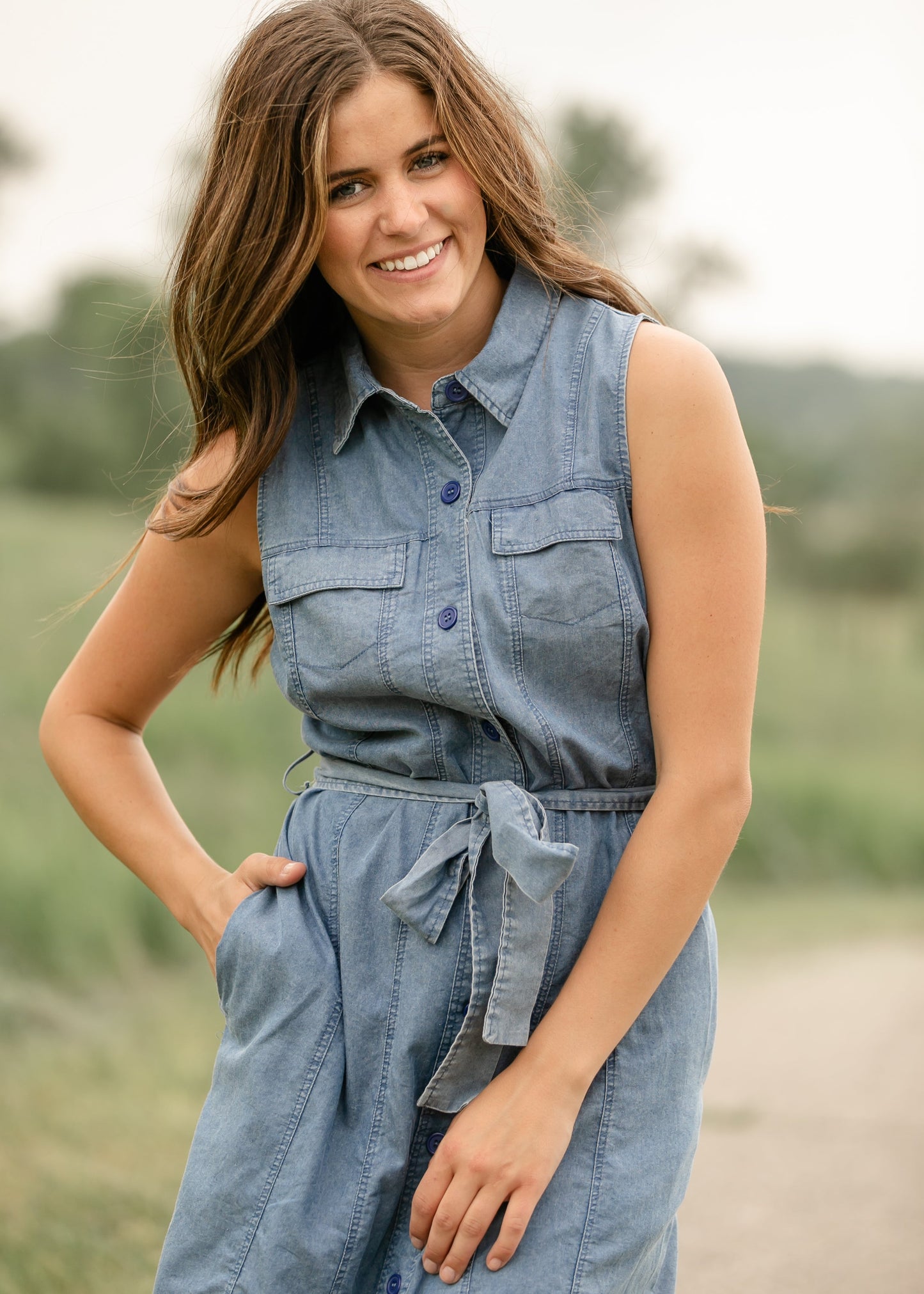 Sleeveless Belted Denim Dress FF Dresses